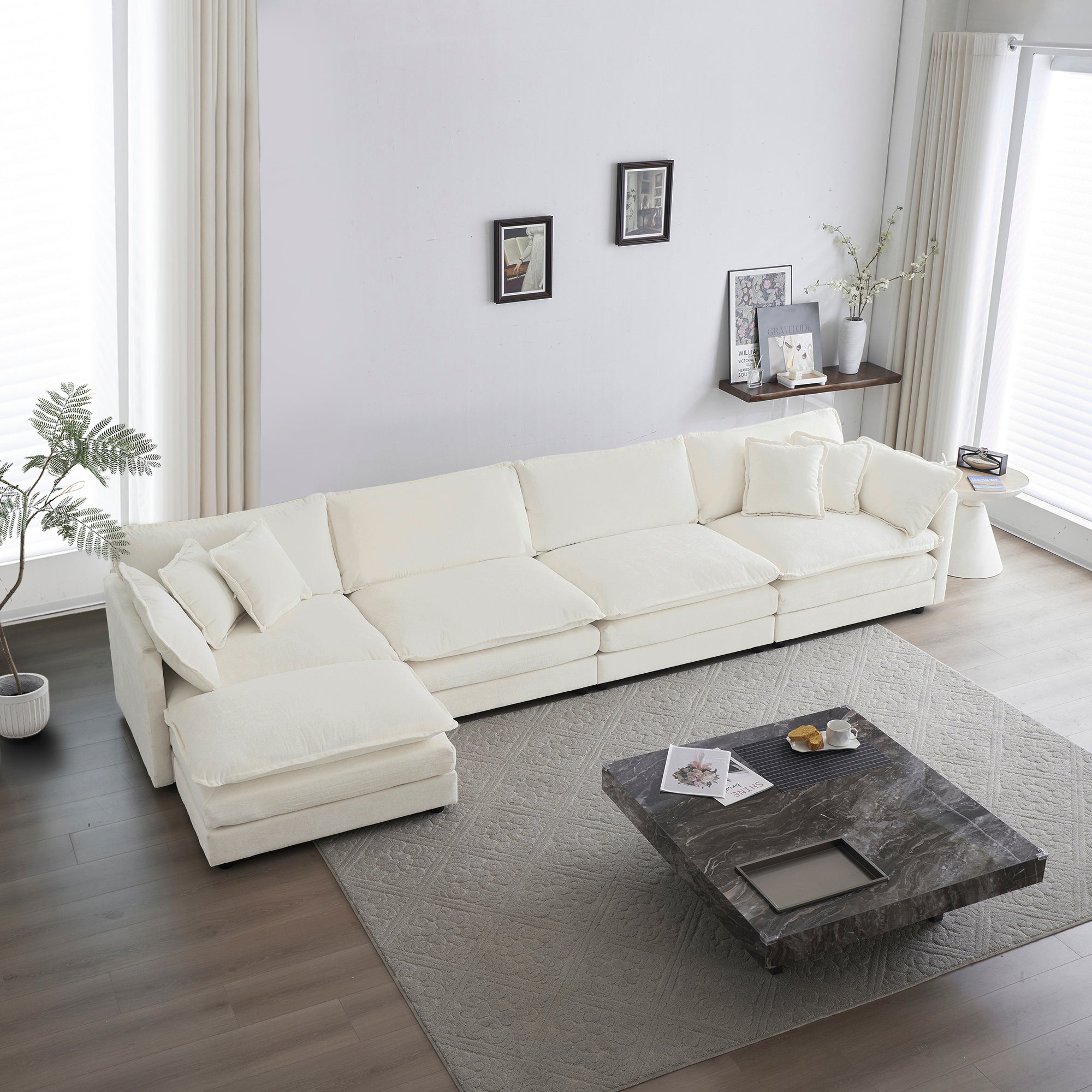 White Chenille Modular Sectional Sofa & Ottoman