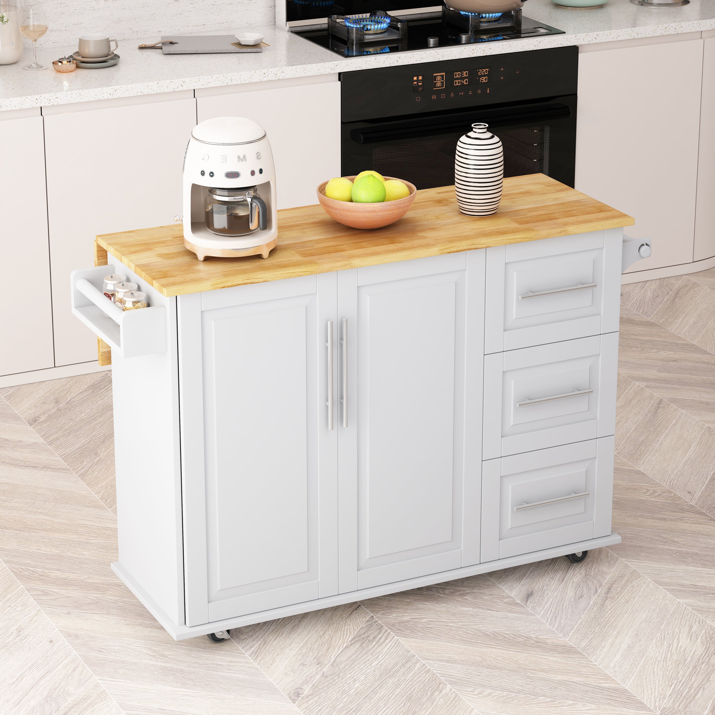White Kitchen Island Cart: 2 Doors, 3 Drawers, Spice Rack