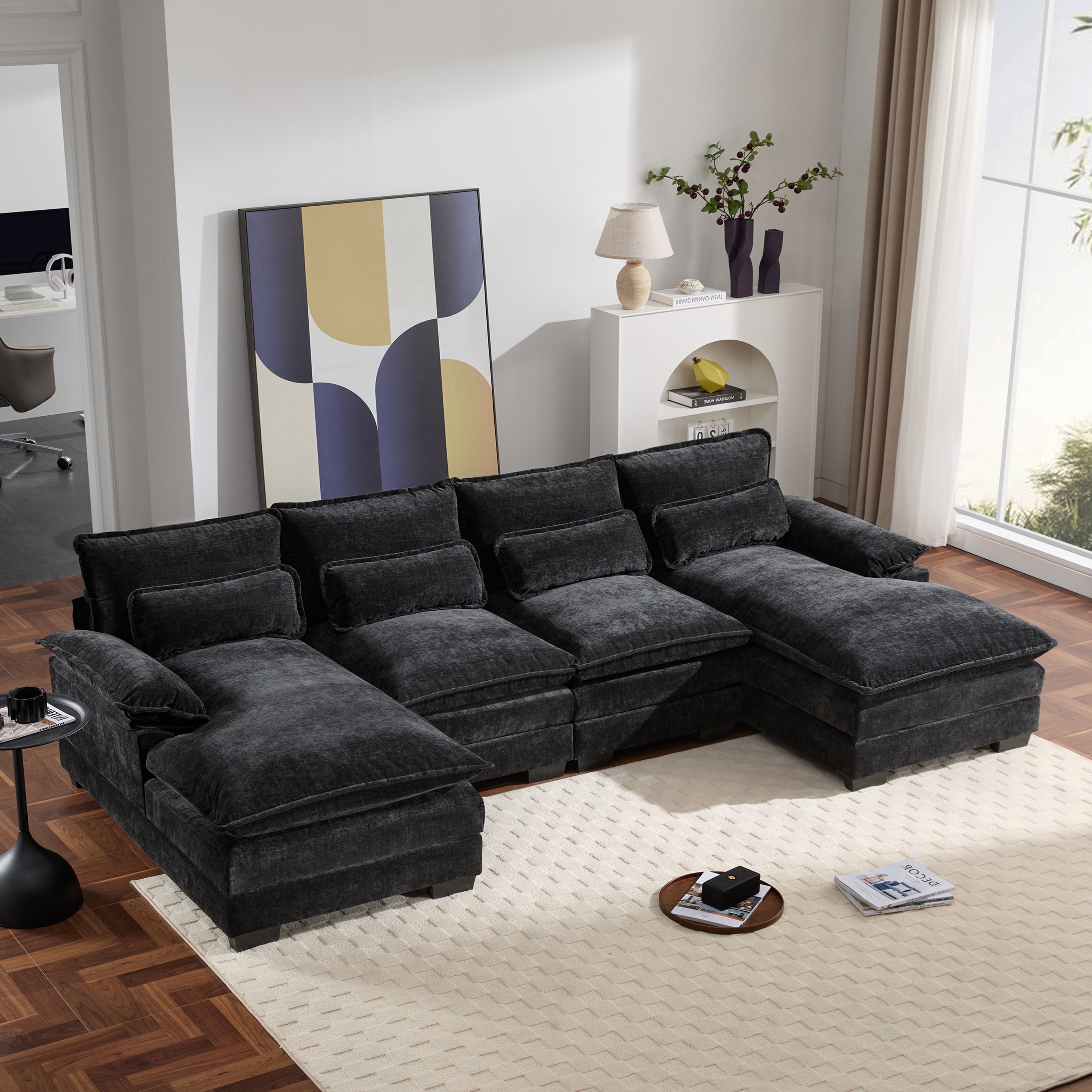 Modern U-Shaped Sectional Sofa: 6-Seat Chenille