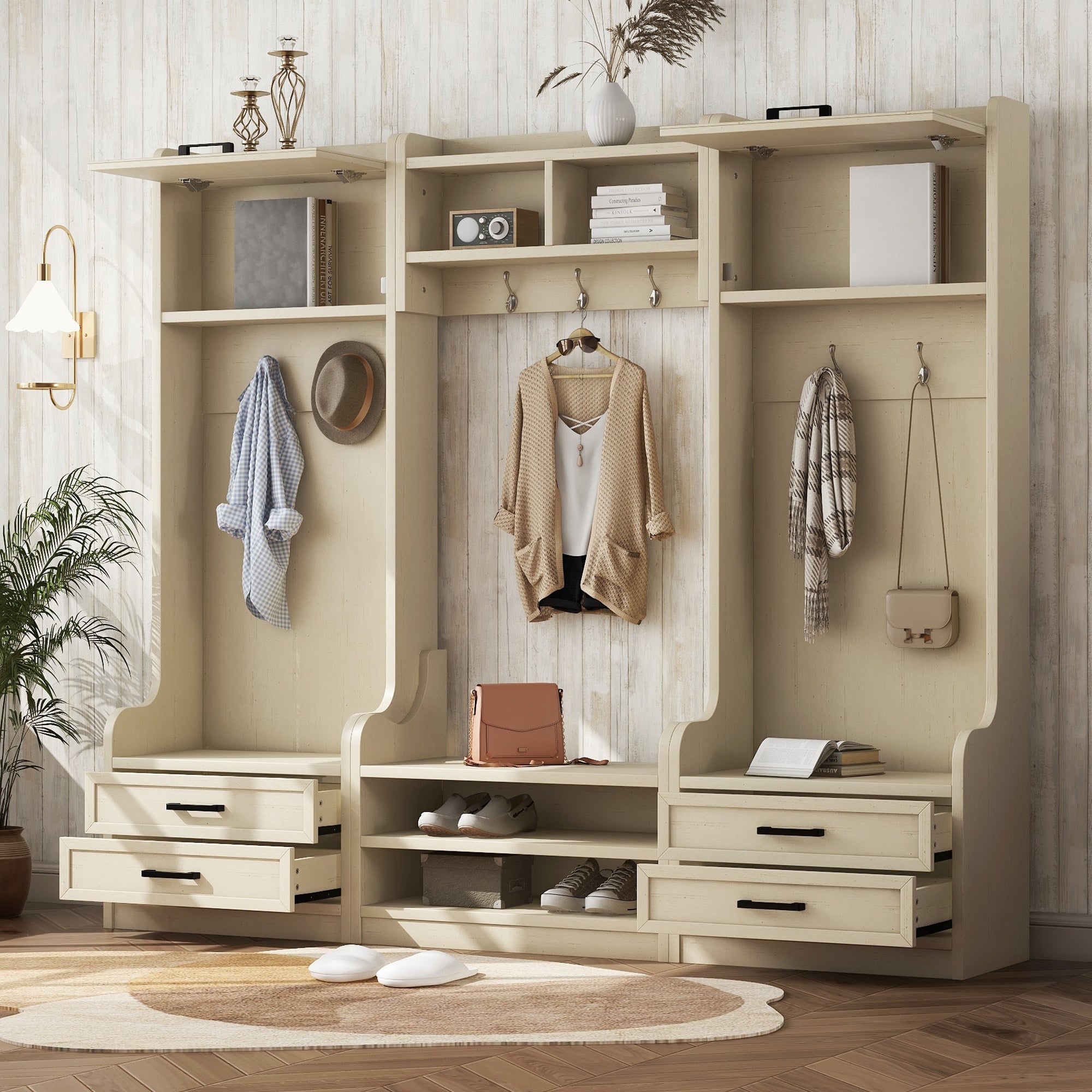 4-in-1 Hall Tree w/ Storage, Drawers & Hooks - Beige