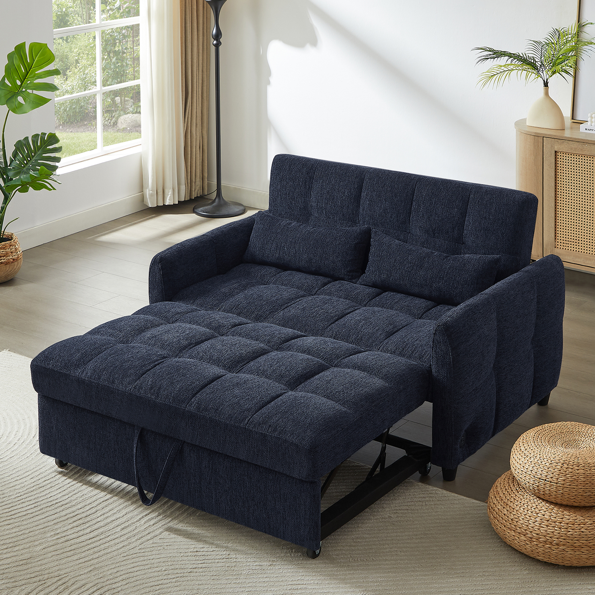 Blue Tufted Loveseat Sofa Bed w/ USB & Pillows