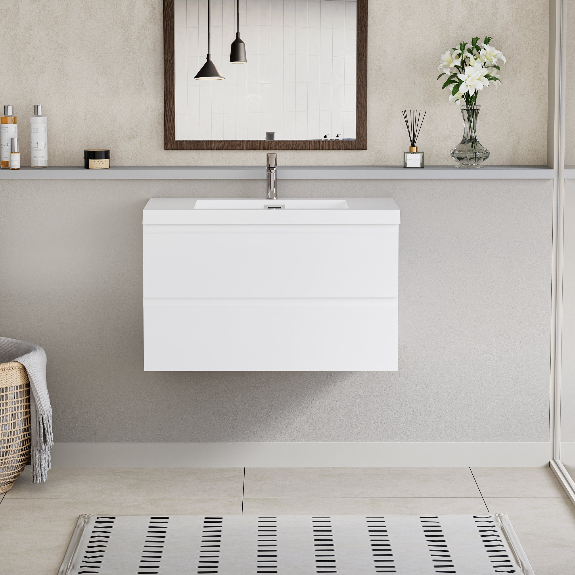 36" Floating Bathroom Vanity: Modern White Cabinet