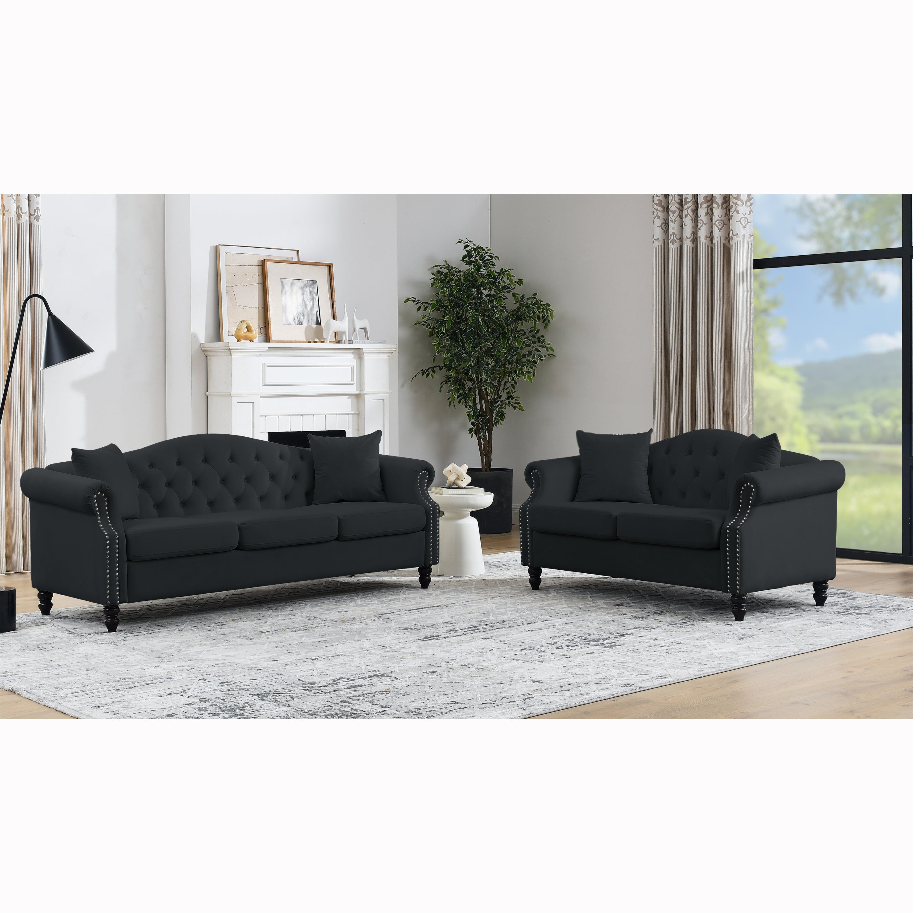 Black Velvet Chesterfield Sofa: 79" 3-Seater