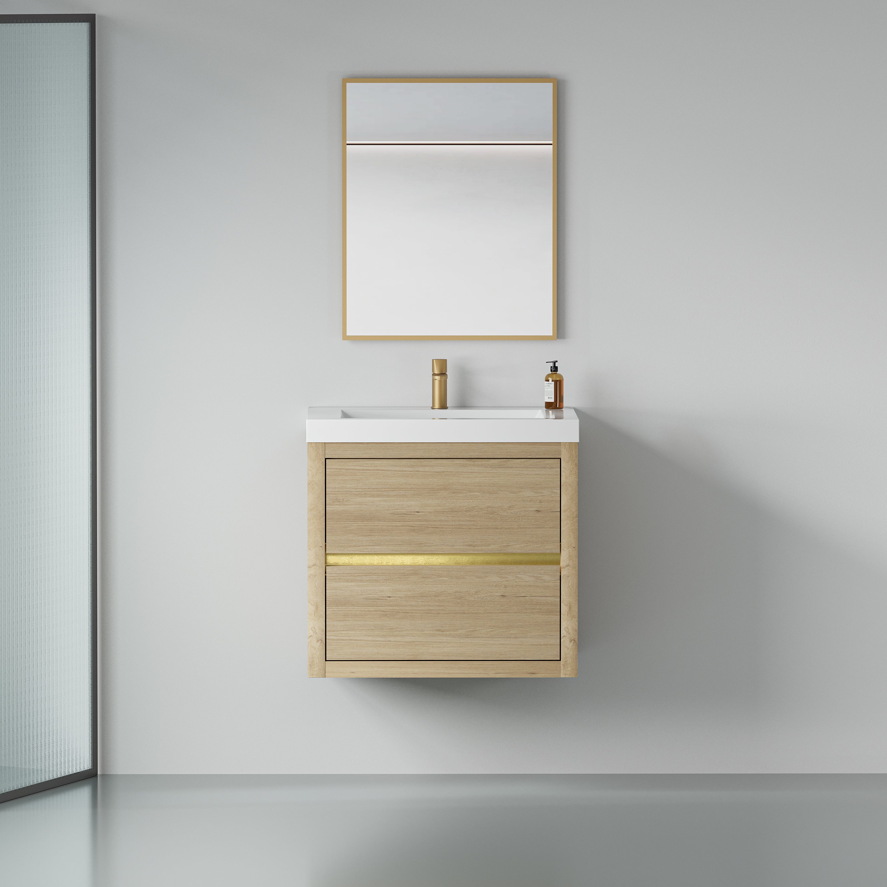24" Wall-Mount Bathroom Vanity: Oak, Stone Top