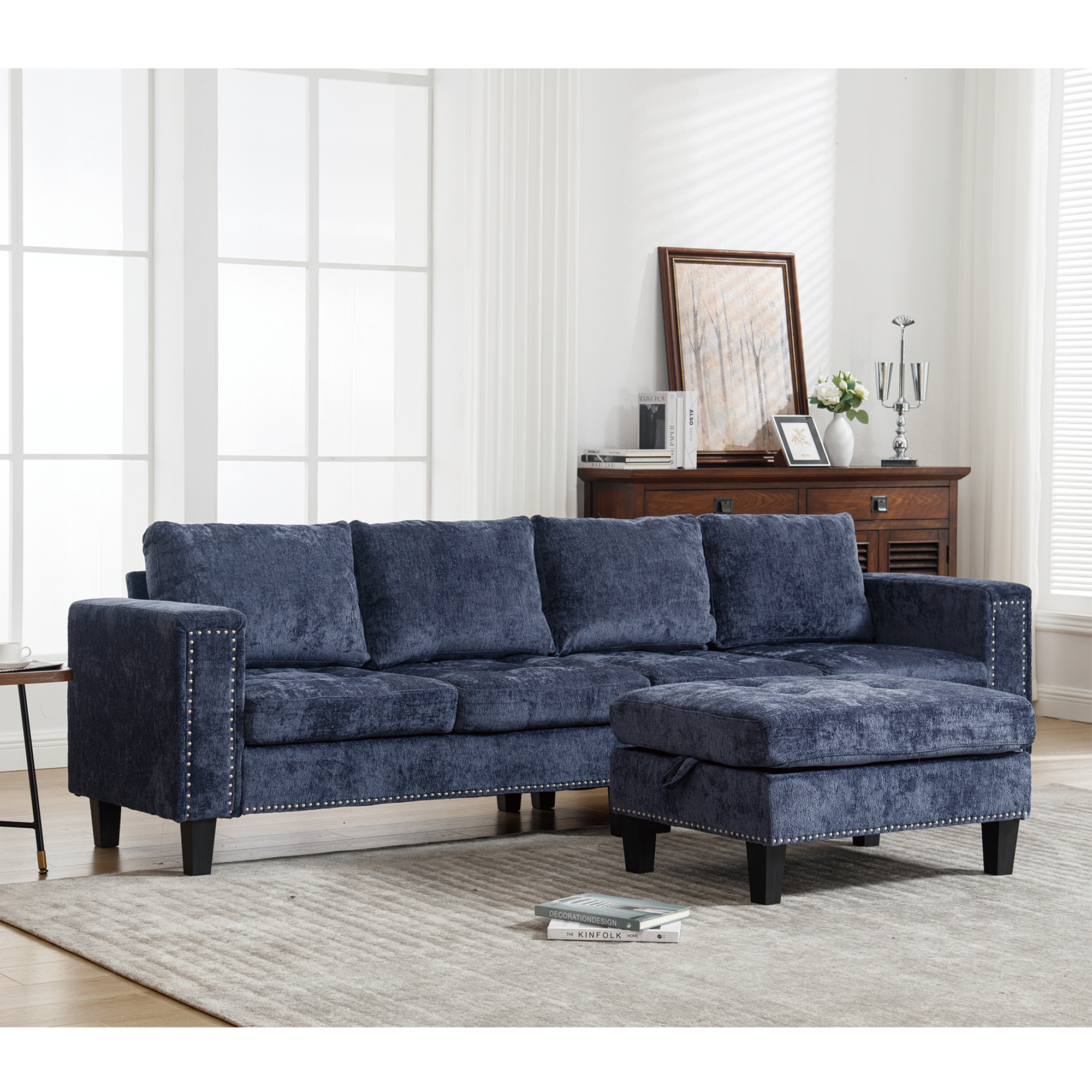 Blue Modular Sofa with Storage & Chaise