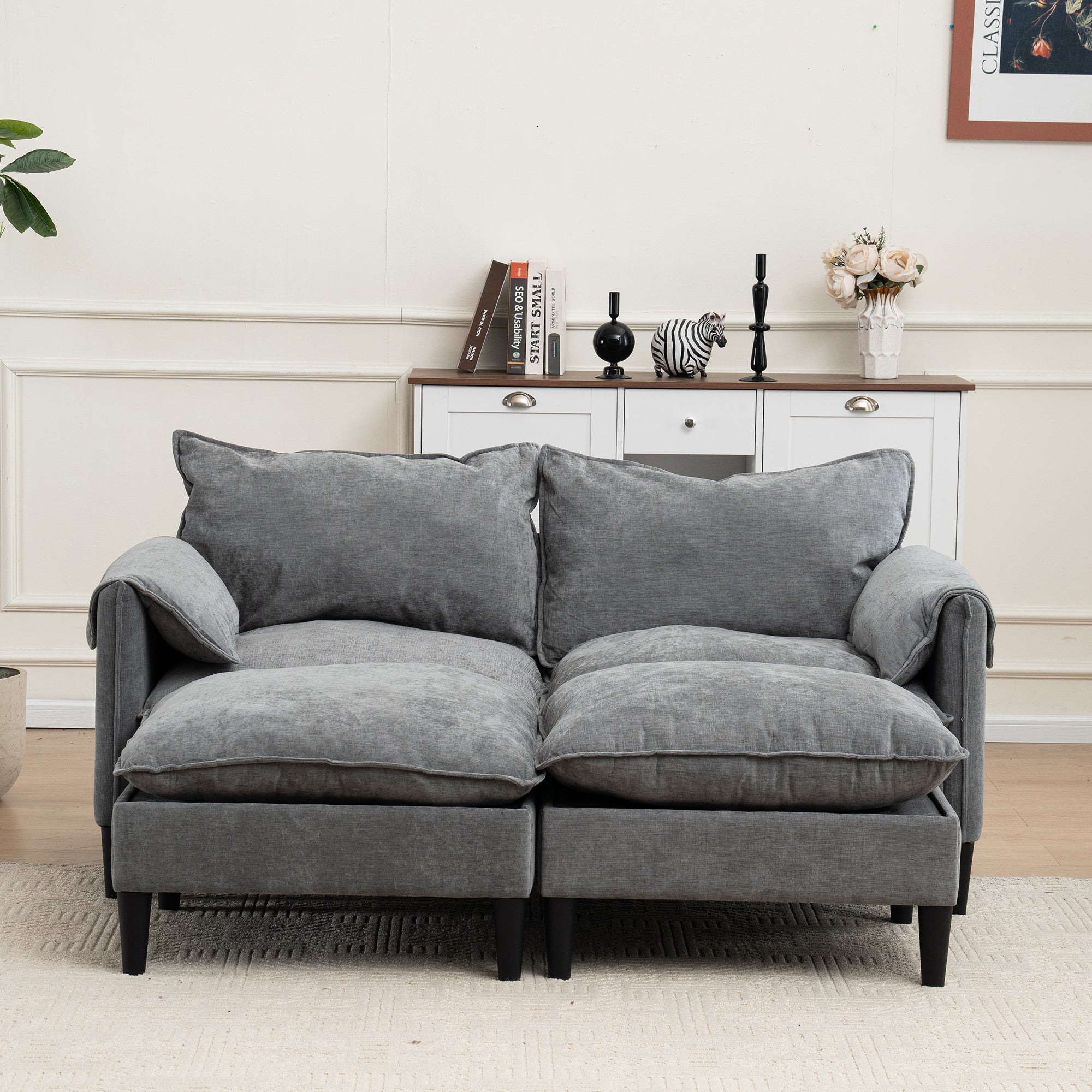 Gray Convertible Sofa with Storage & Footstools