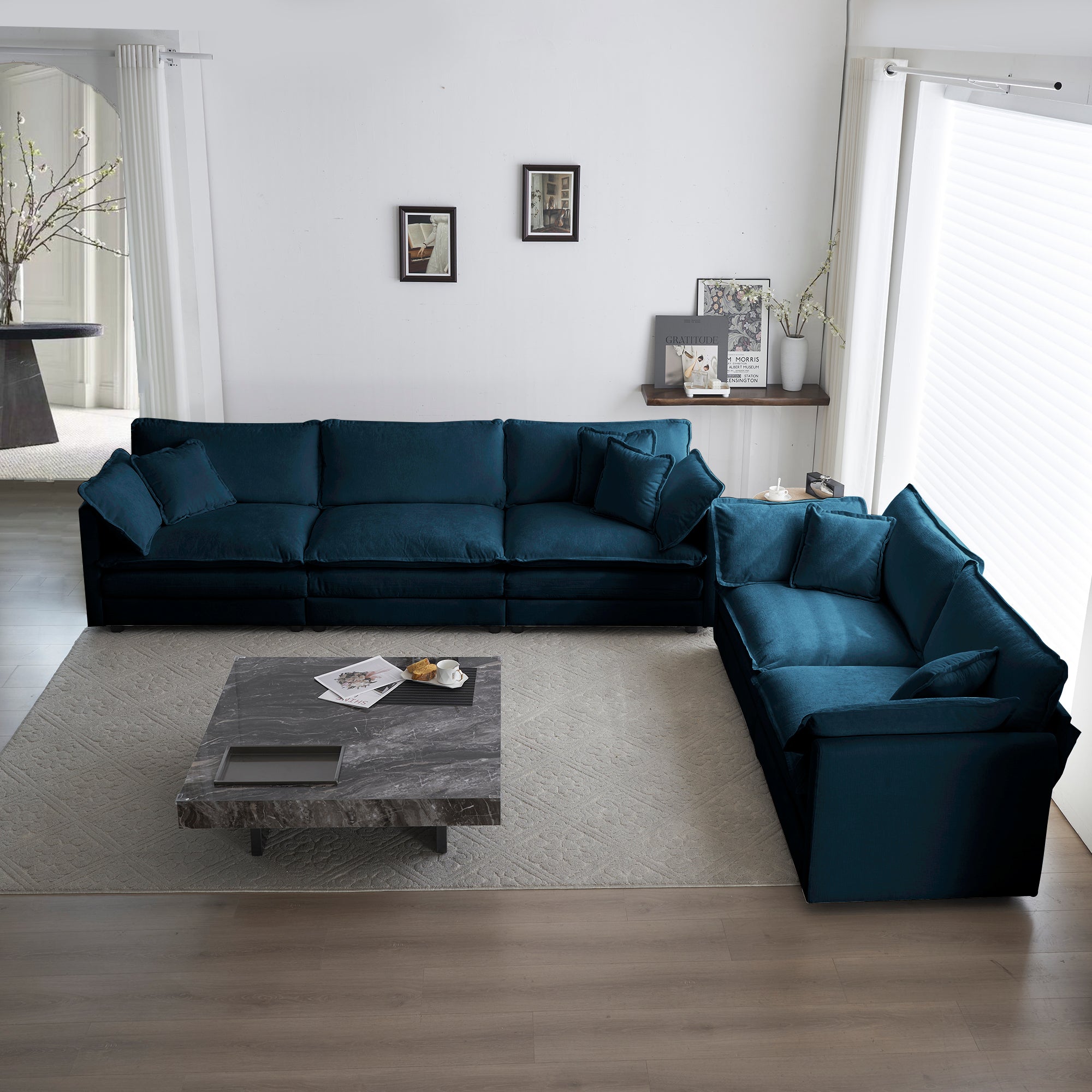 Blue Chenille Sofa Set: 2+3 Seater Deep Seat