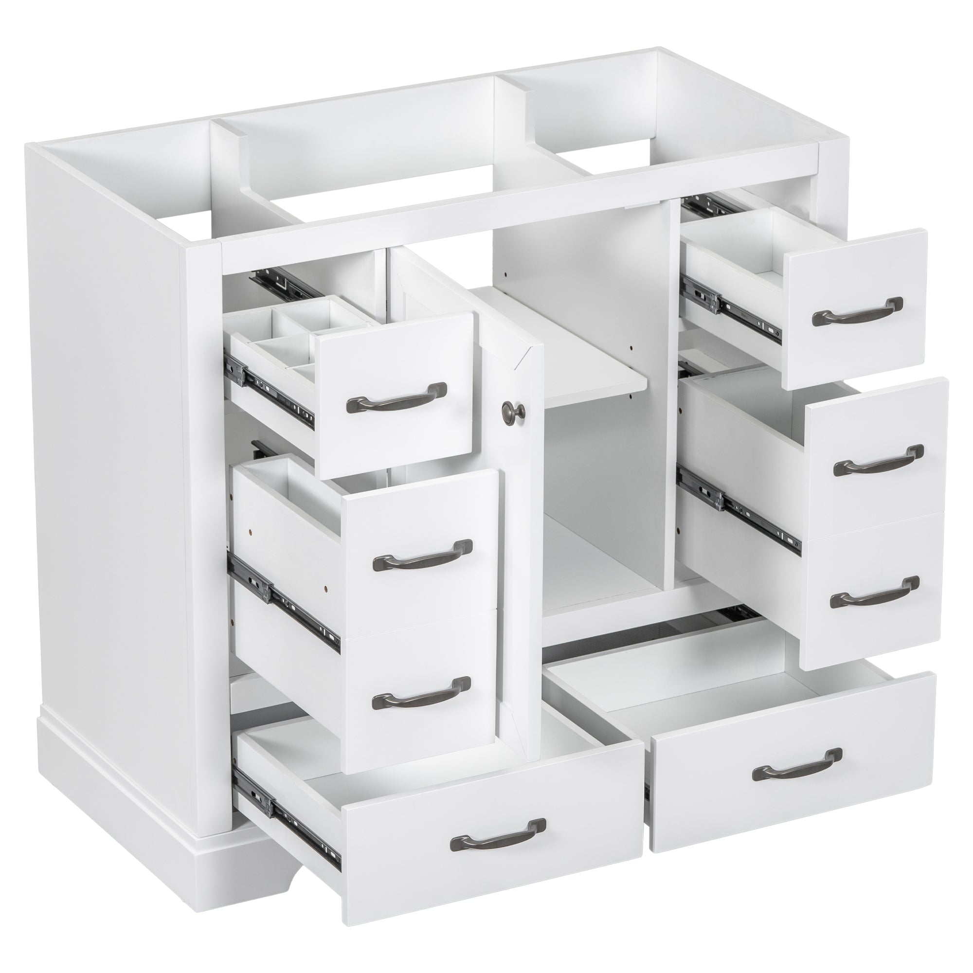36" White Vanity Base: 6 Drawers, Adjustable Shelf