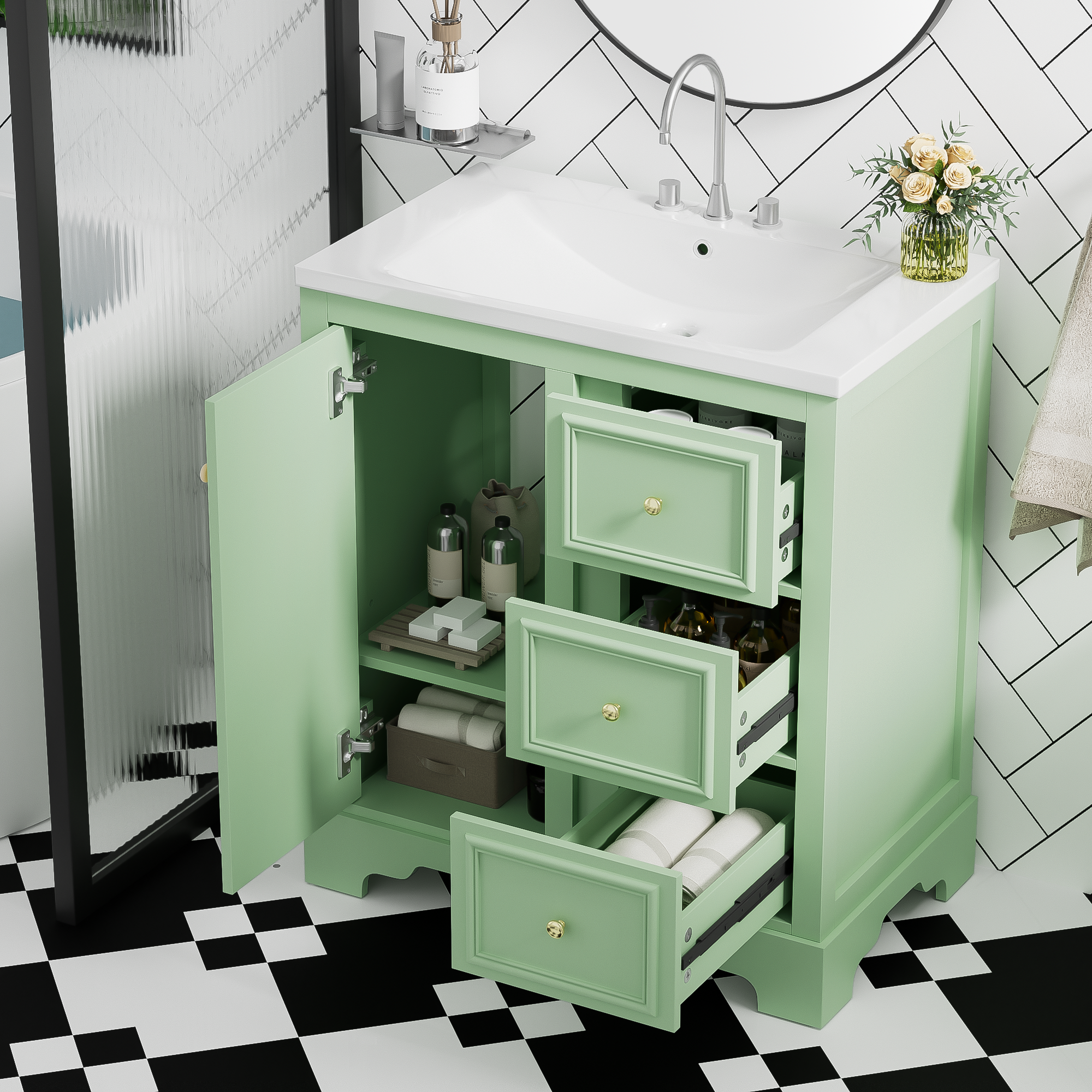 30" Bathroom Vanity: Ceramic Sink, 3 Drawers
