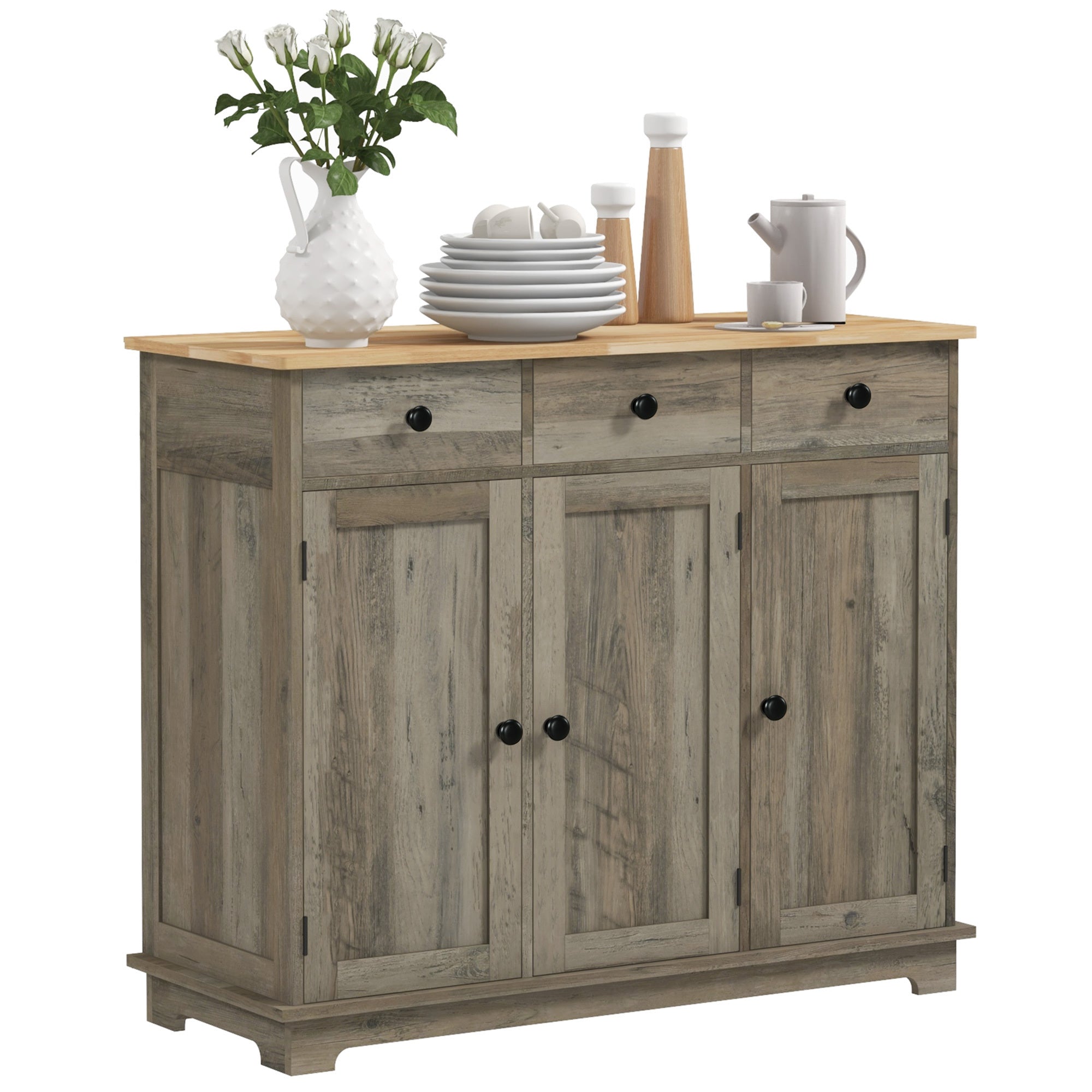 Sideboard with Solid Wood Top, Kitchen Storage Cabinet, Gray