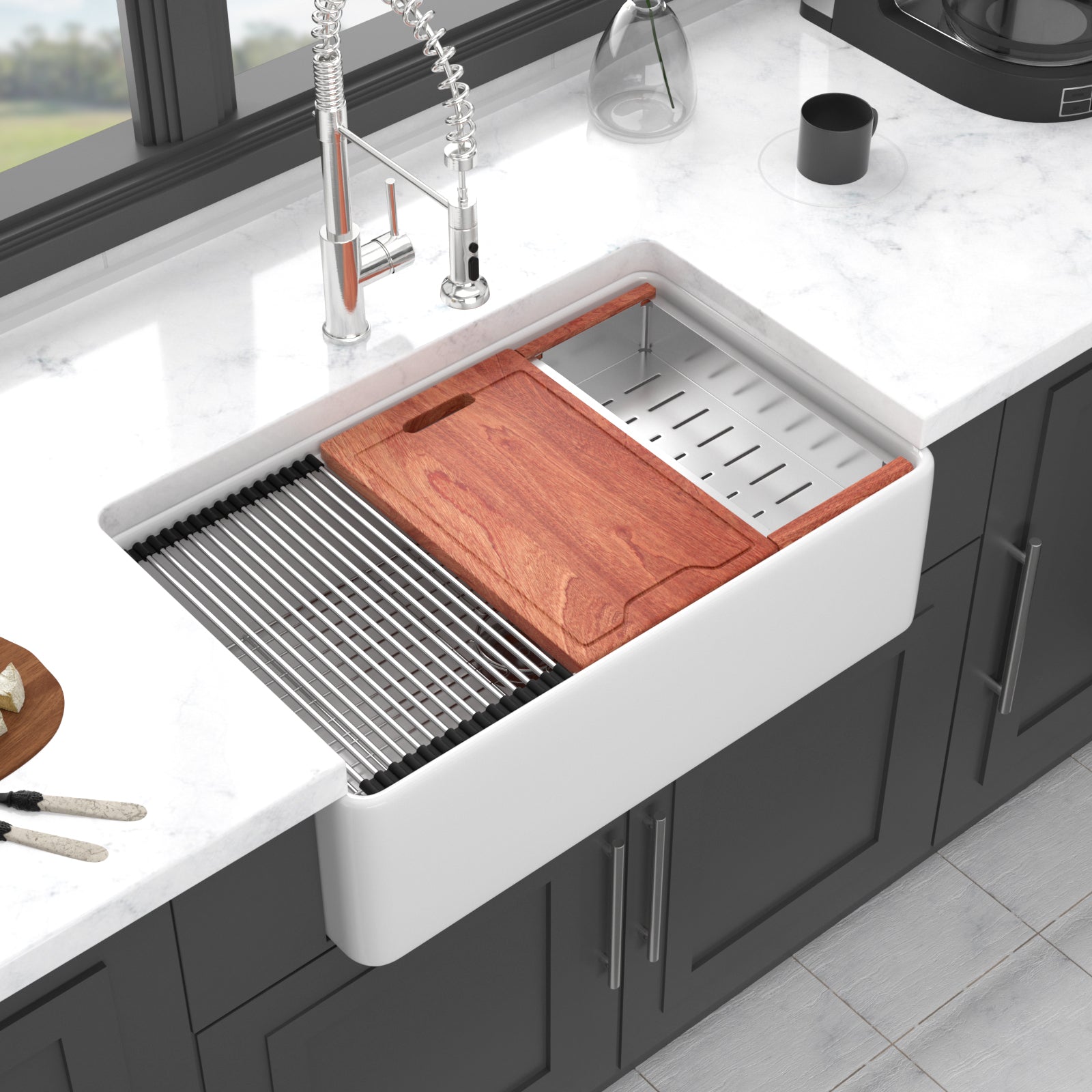 33x20" White Farmhouse Kitchen Sink - Ceramic