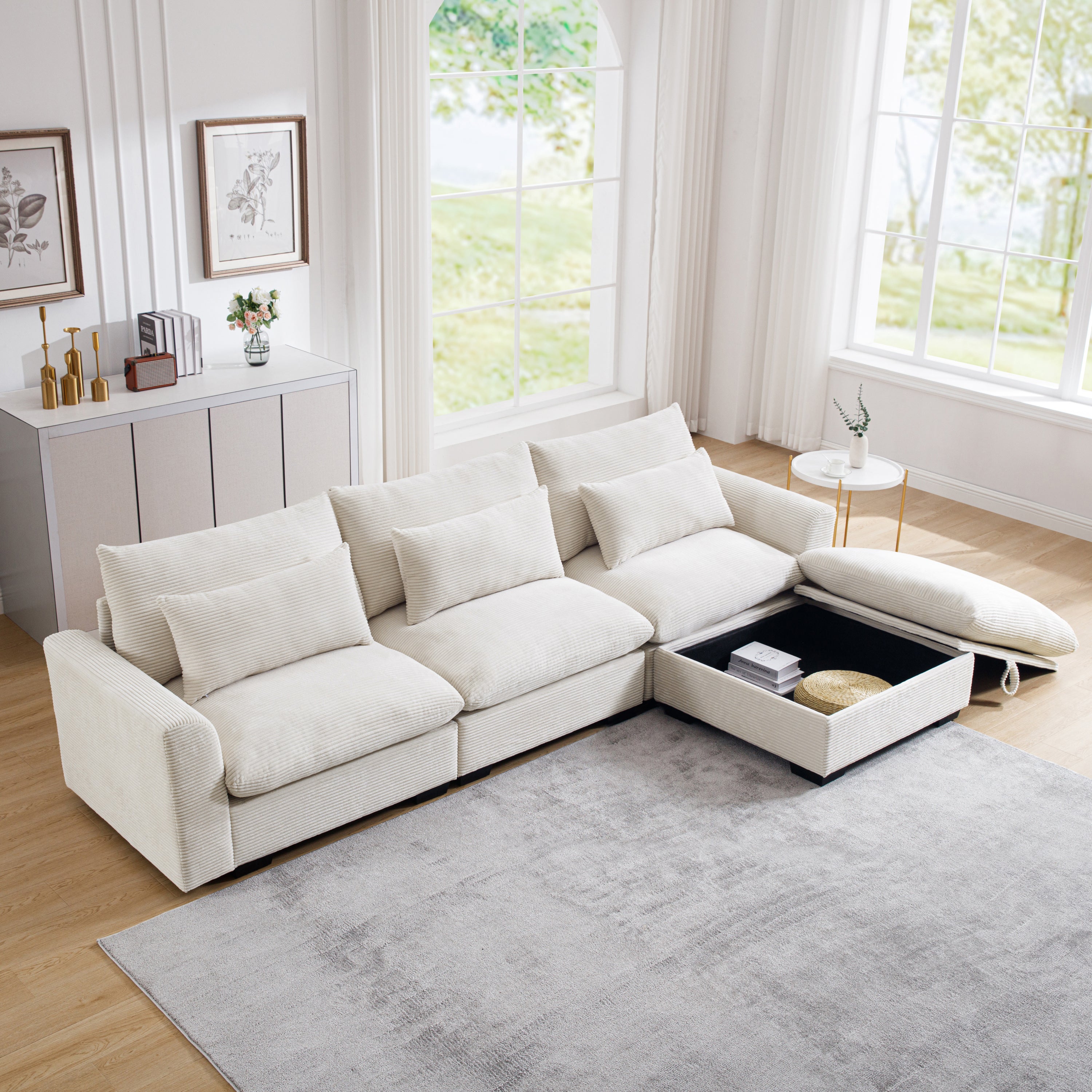Beige Corduroy Sectional Sofa with Storage