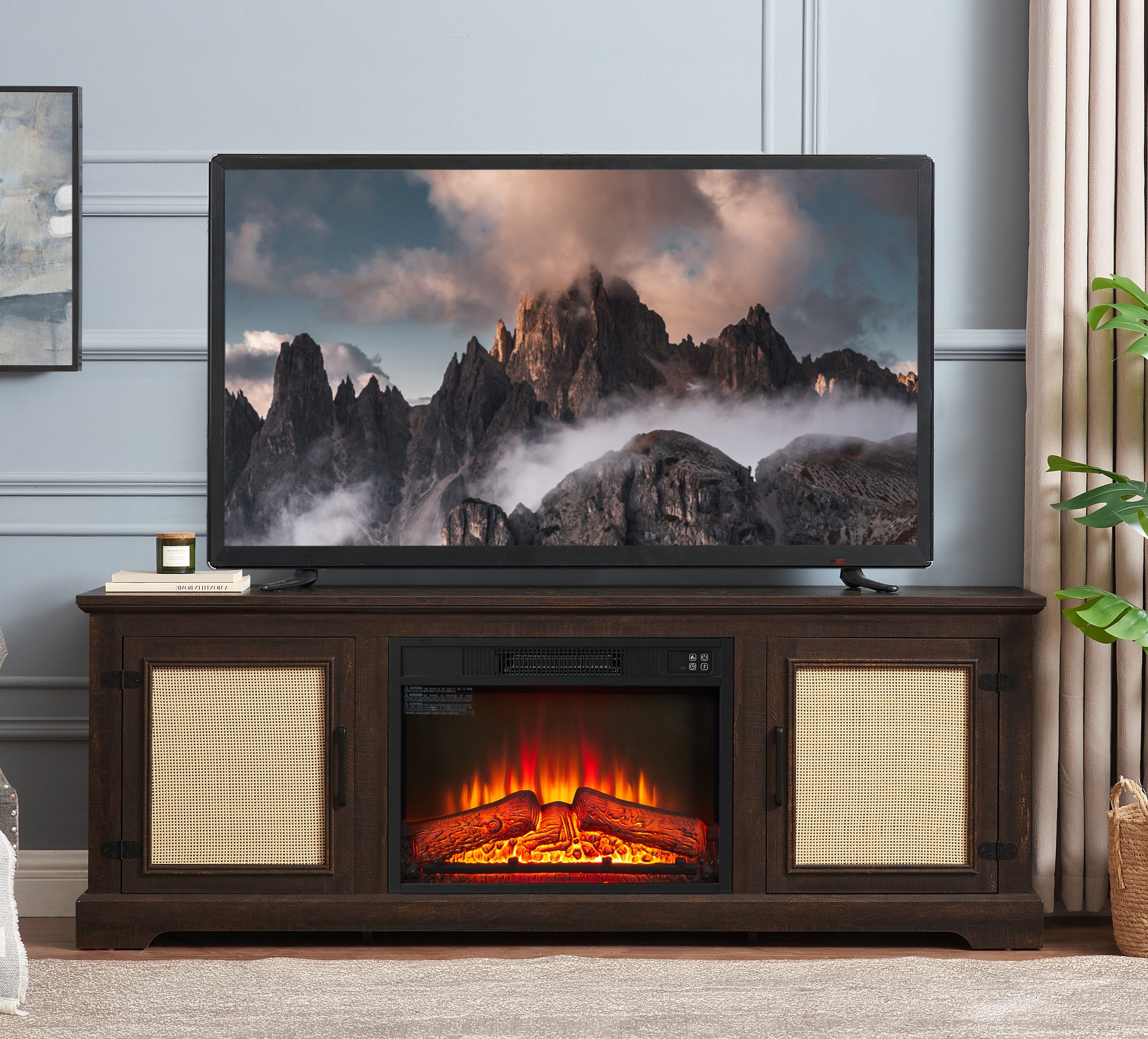 Rattan TV Stand with Fireplace Insert & Storage (70")
