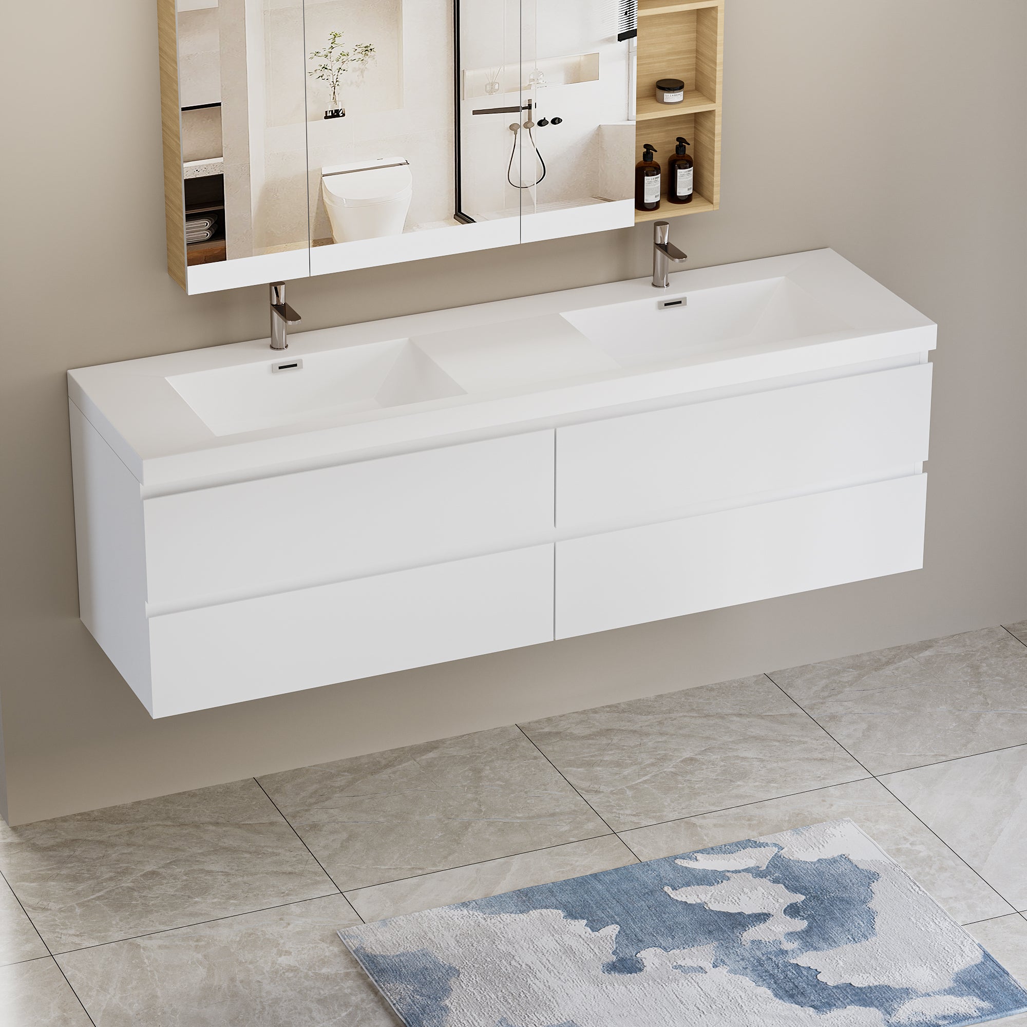 72" Floating Bathroom Vanity: Modern White with Double Sinks