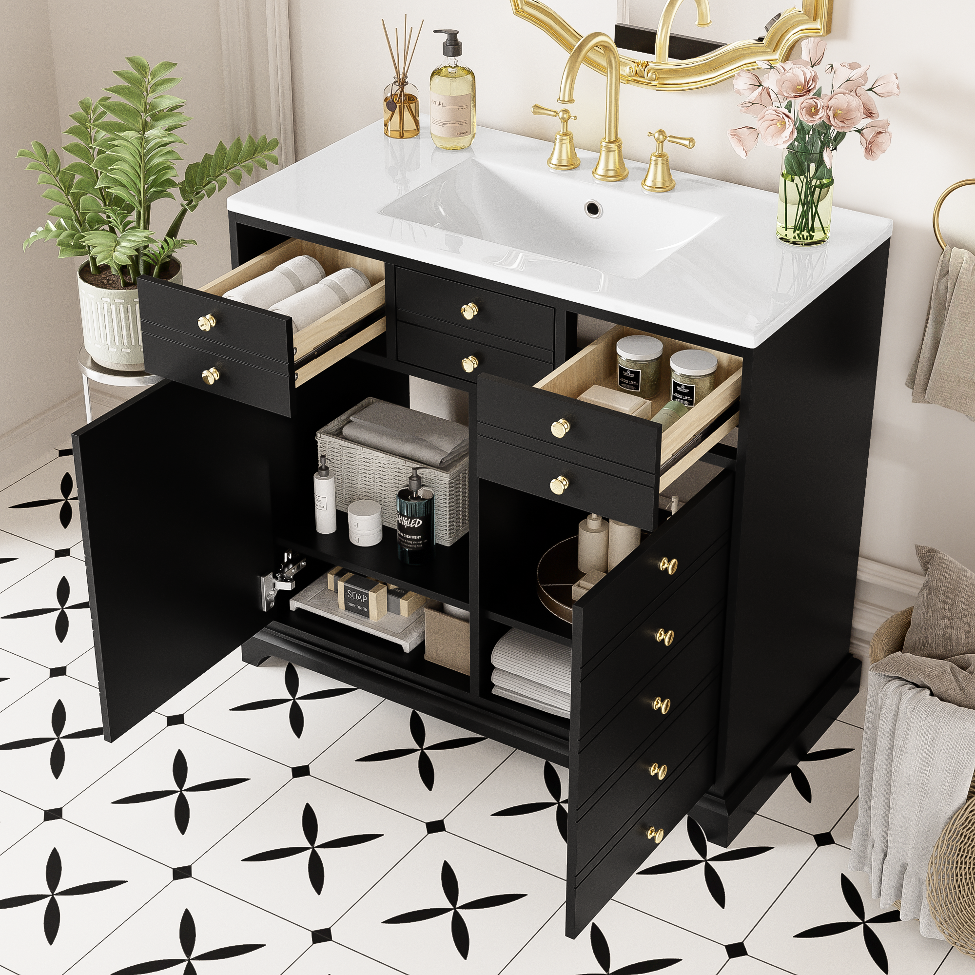 36" Black Vanity with Ceramic Sink & 2 Drawers