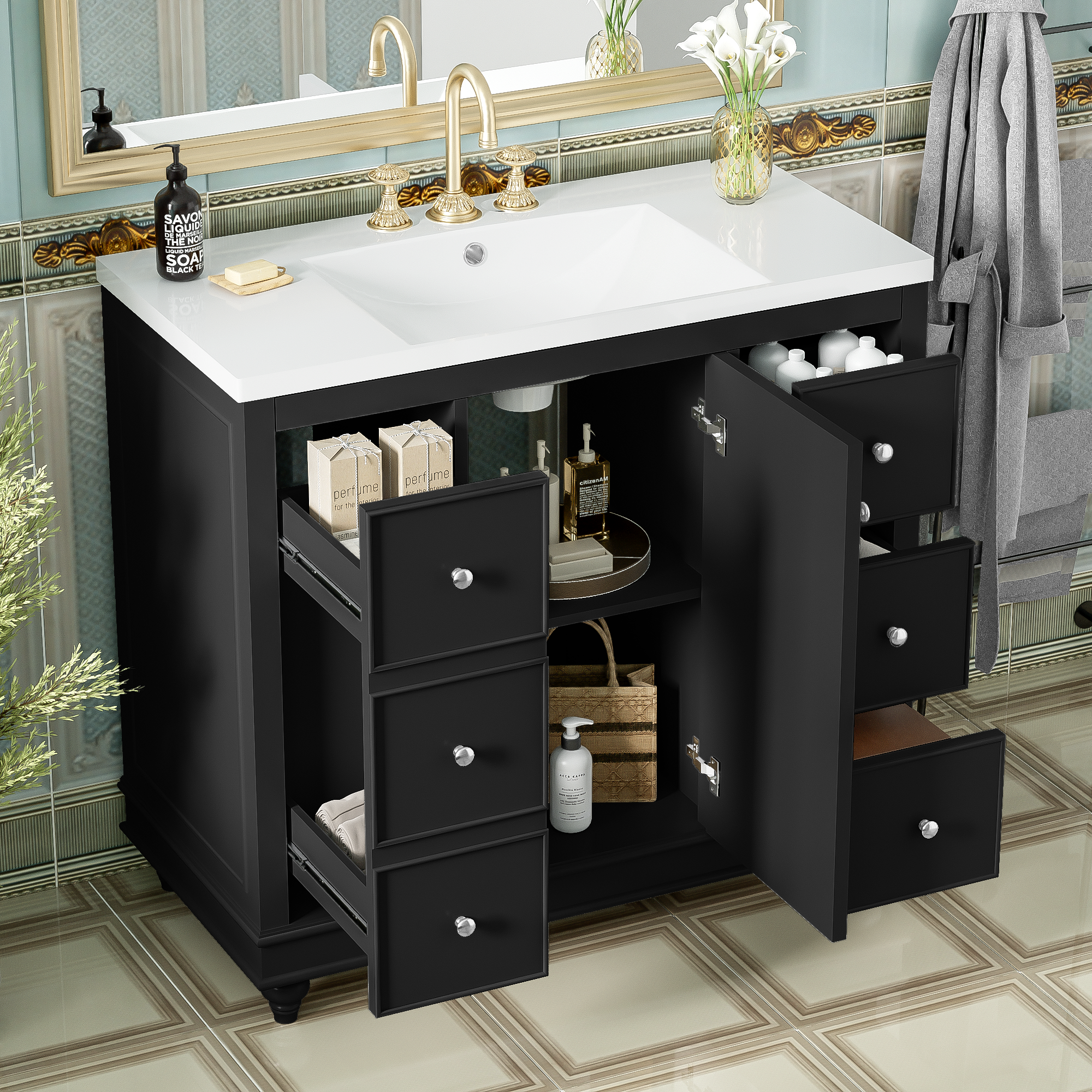 Black Bathroom Vanity: 36" Solid Wood, 4 Drawers