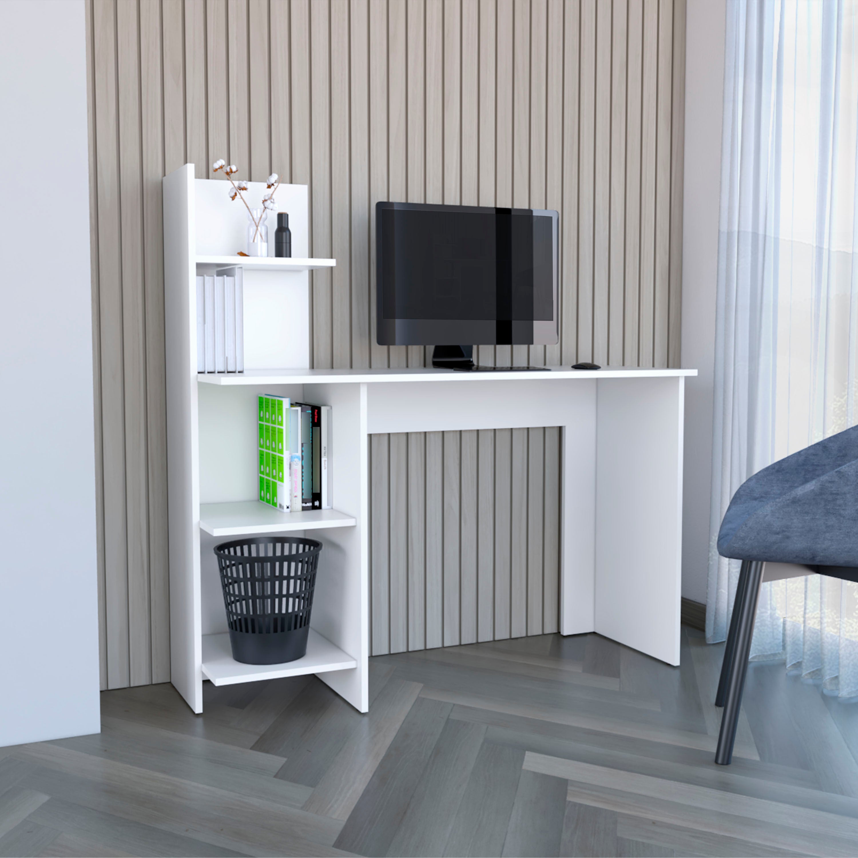 White Writing Desk with 4 Shelves | Modern Home Office Desk