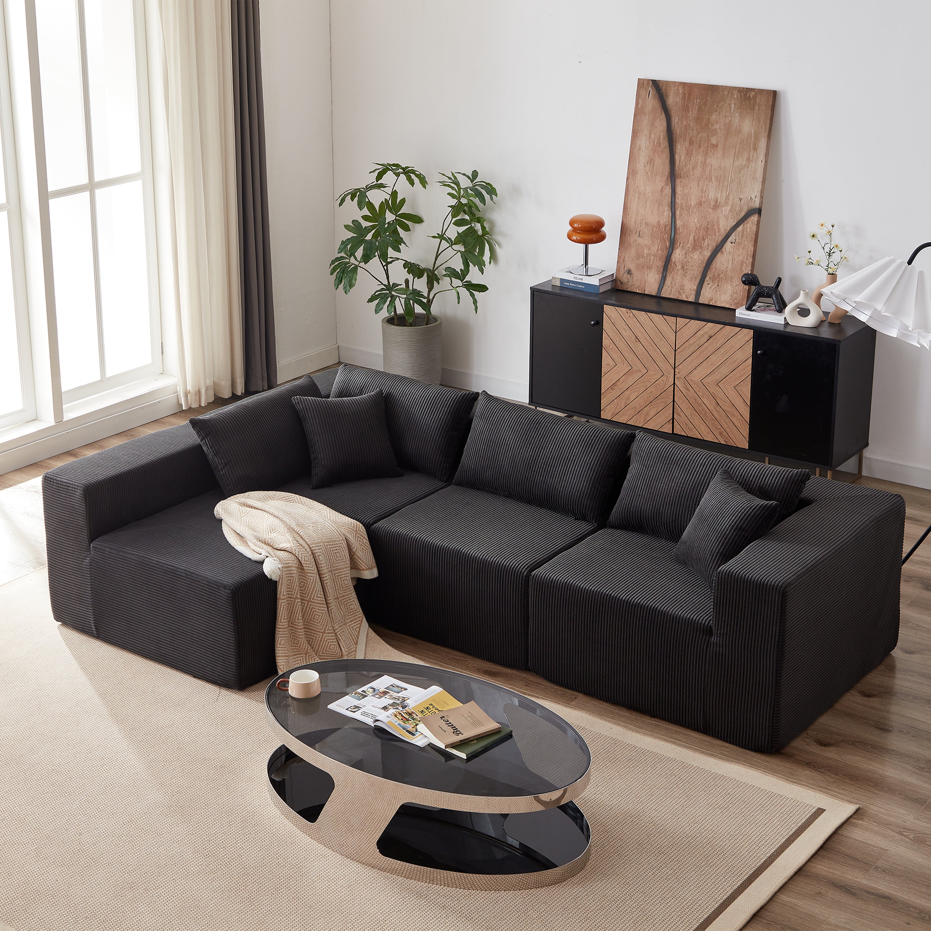104" Corduroy Modular L-Shaped Sectional Sofa | Luxury Floor Couch