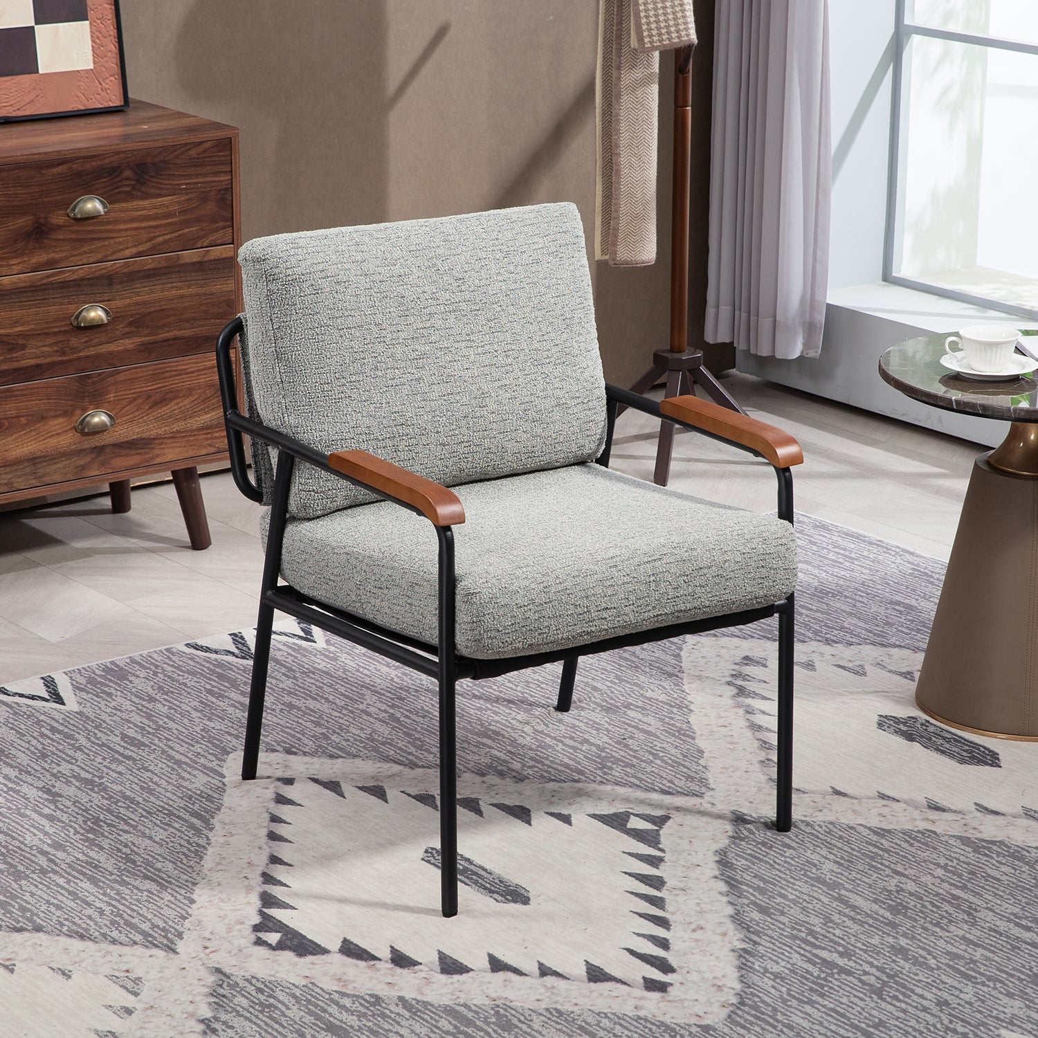 Modern Accent Chair: Gray Fabric & Wood Arms
