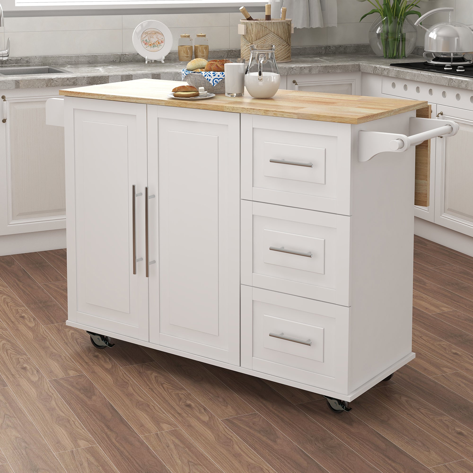 White Kitchen Island: Spice Rack, Towel Bar & Extendable Wood Top