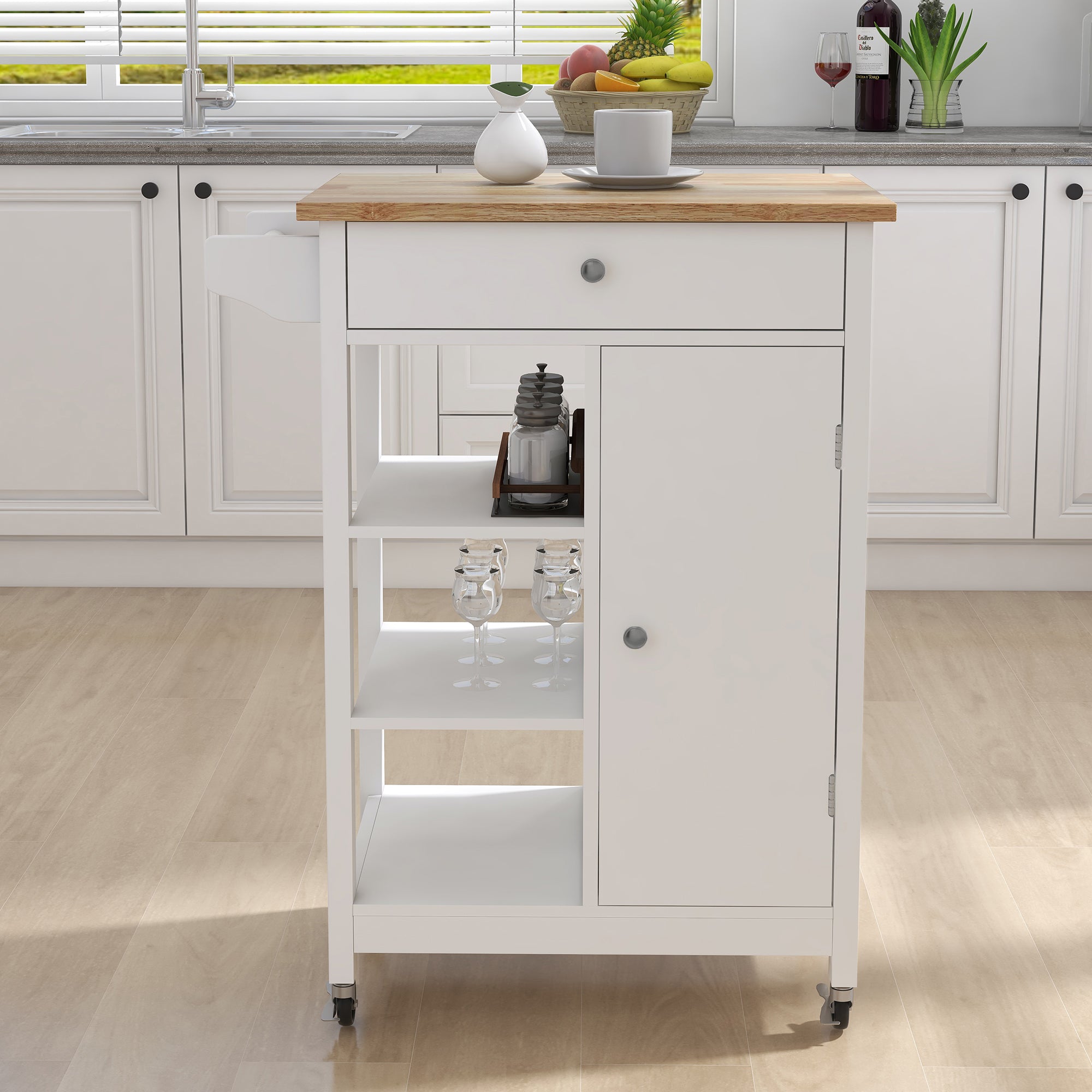Rolling Kitchen Island Cart, Adjustable Shelves, Towel Rack, Rubberwood Top