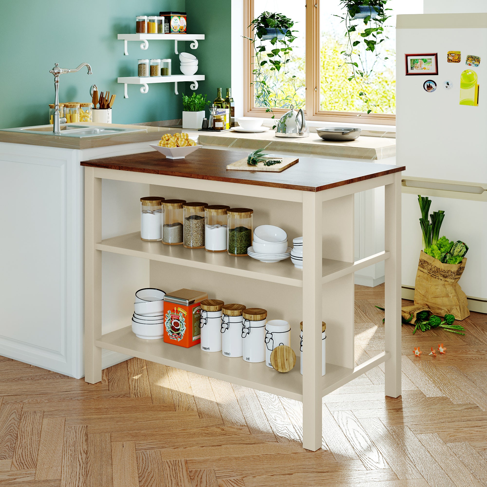 Rustic Wood Kitchen Island 45" Butcher Block, 2 Shelves, Walnut/Cream White