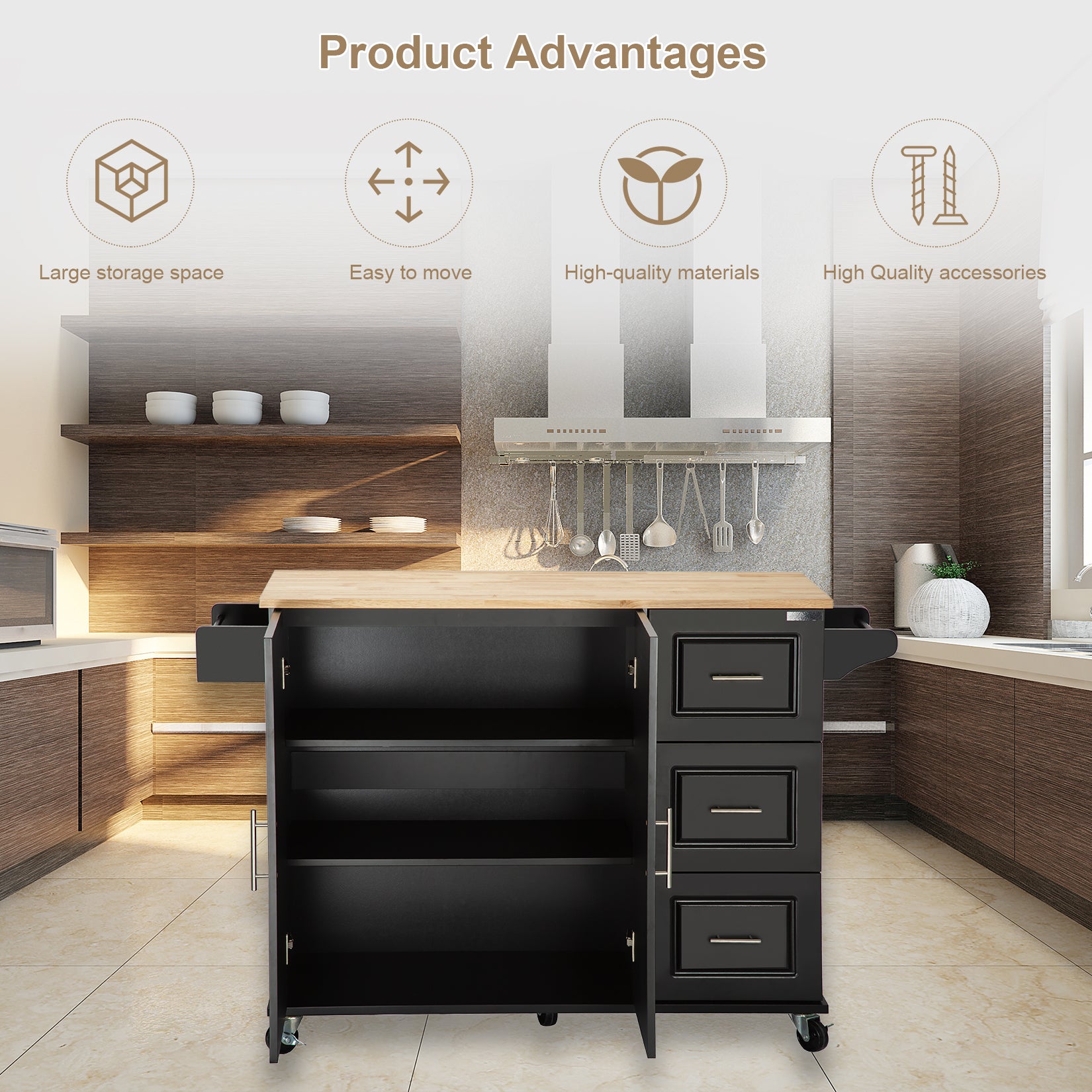 Mobile Kitchen Island Cart, Wood Top, Drawers & Shelves, Black