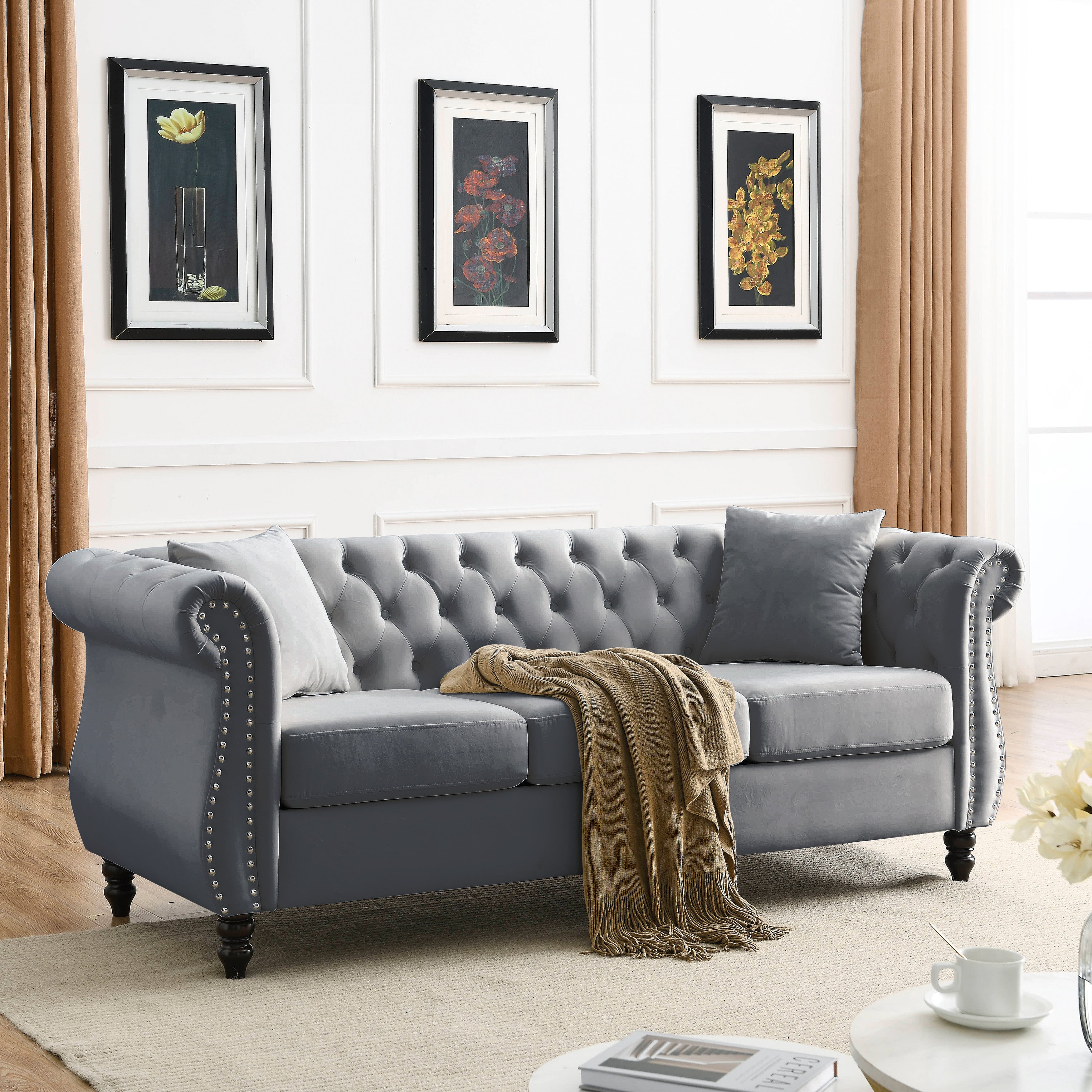 Grey Velvet Chesterfield Sofa: 80" 3-Seater