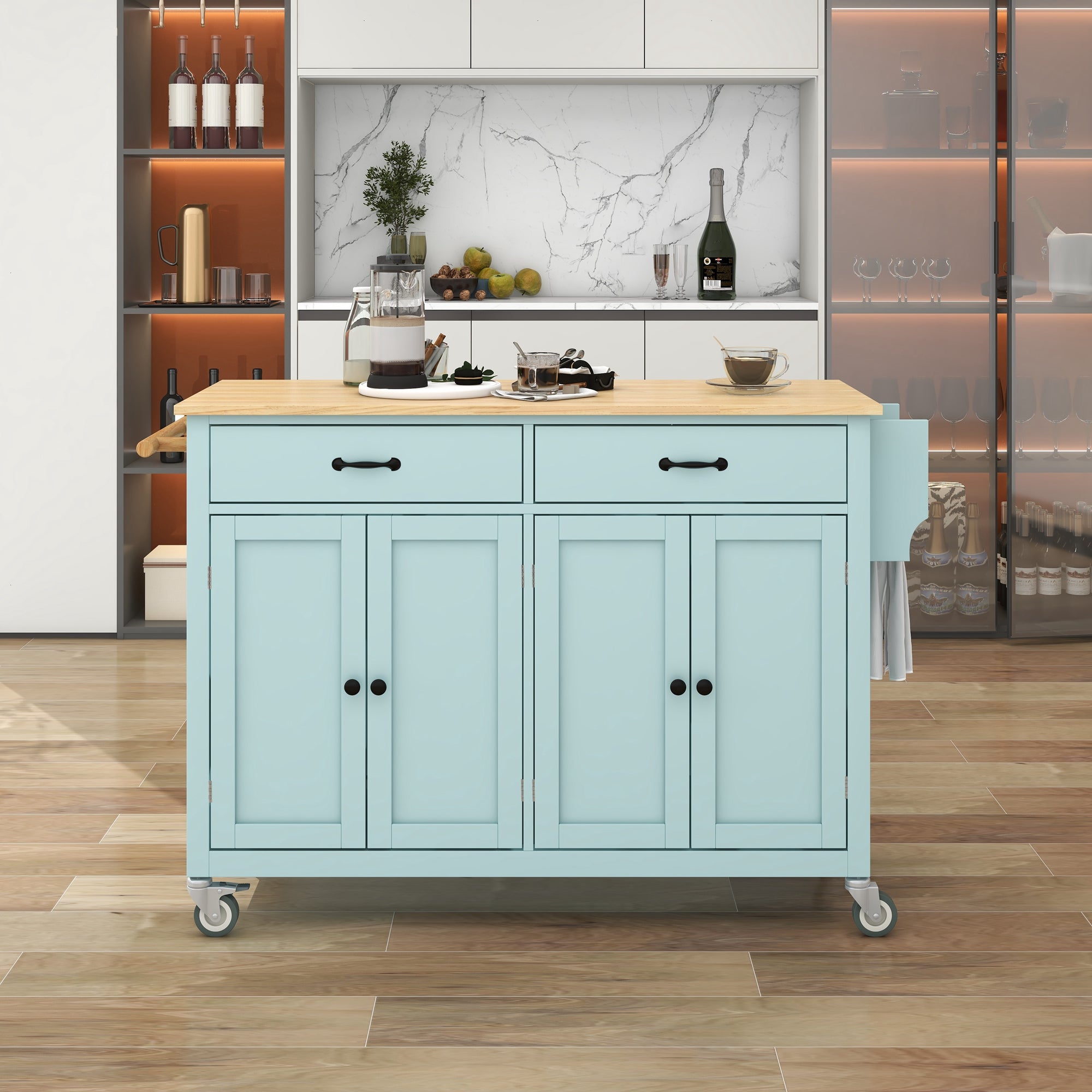 Mint Kitchen Island Cart: Wood Top, 4 Doors, Drawers, Locking Wheels