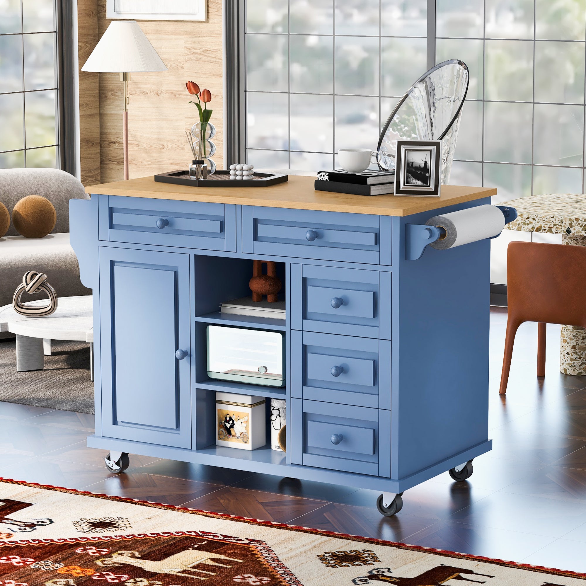 Blue 53" Kitchen Cart: Rubberwood Top, 5 Drawers, Rolling Island Storage