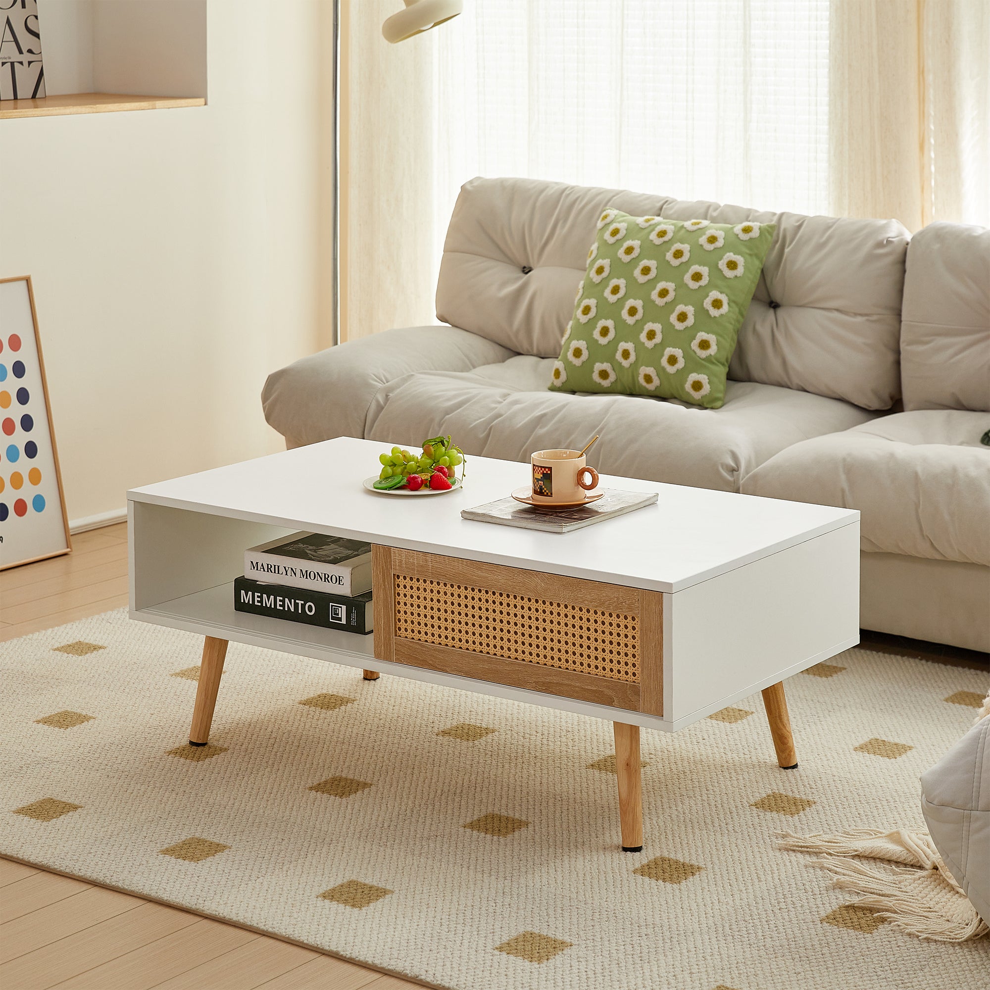 41.34" White Rattan Coffee Table w/ Storage