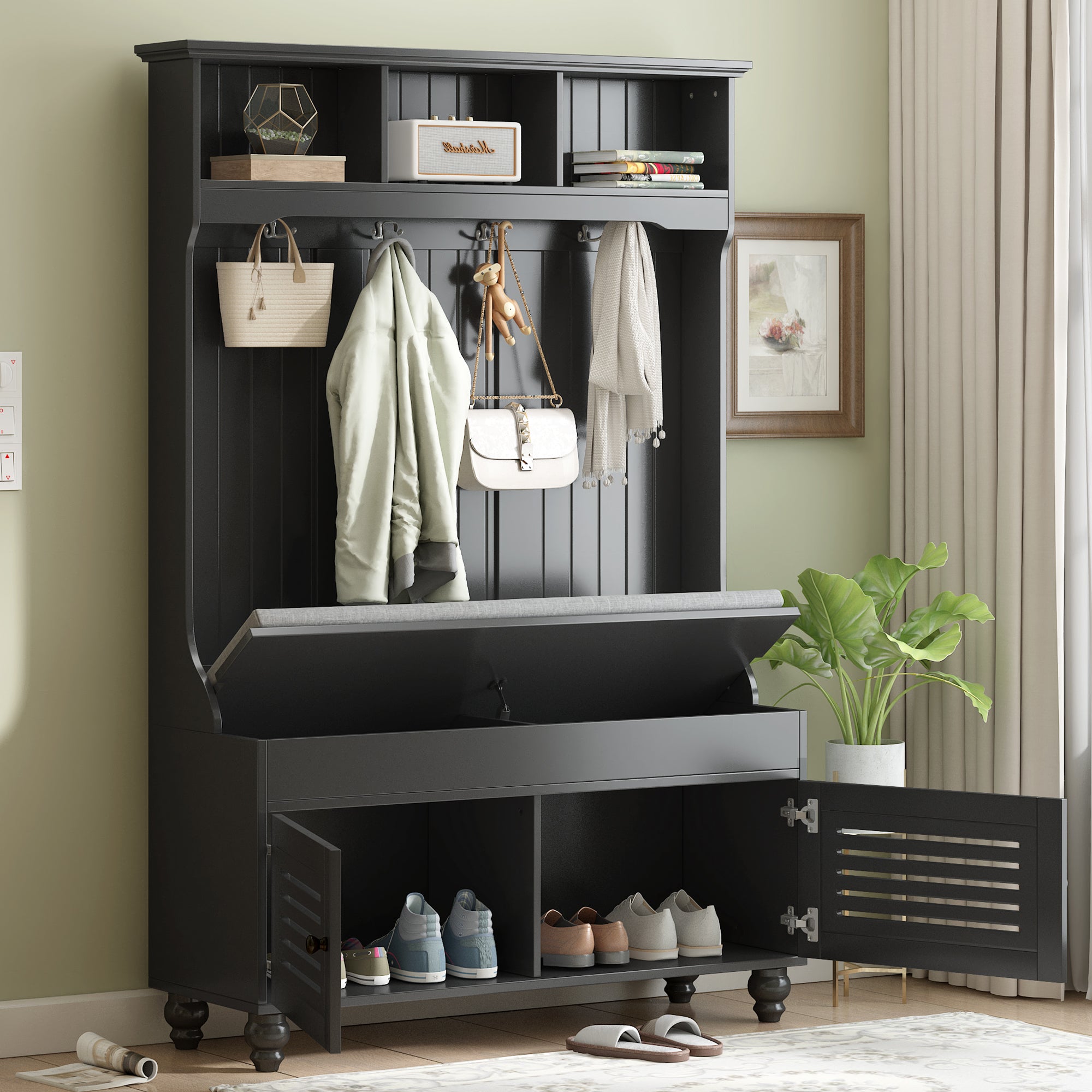5-in-1 Entryway Bench w/ Storage & Coat Rack