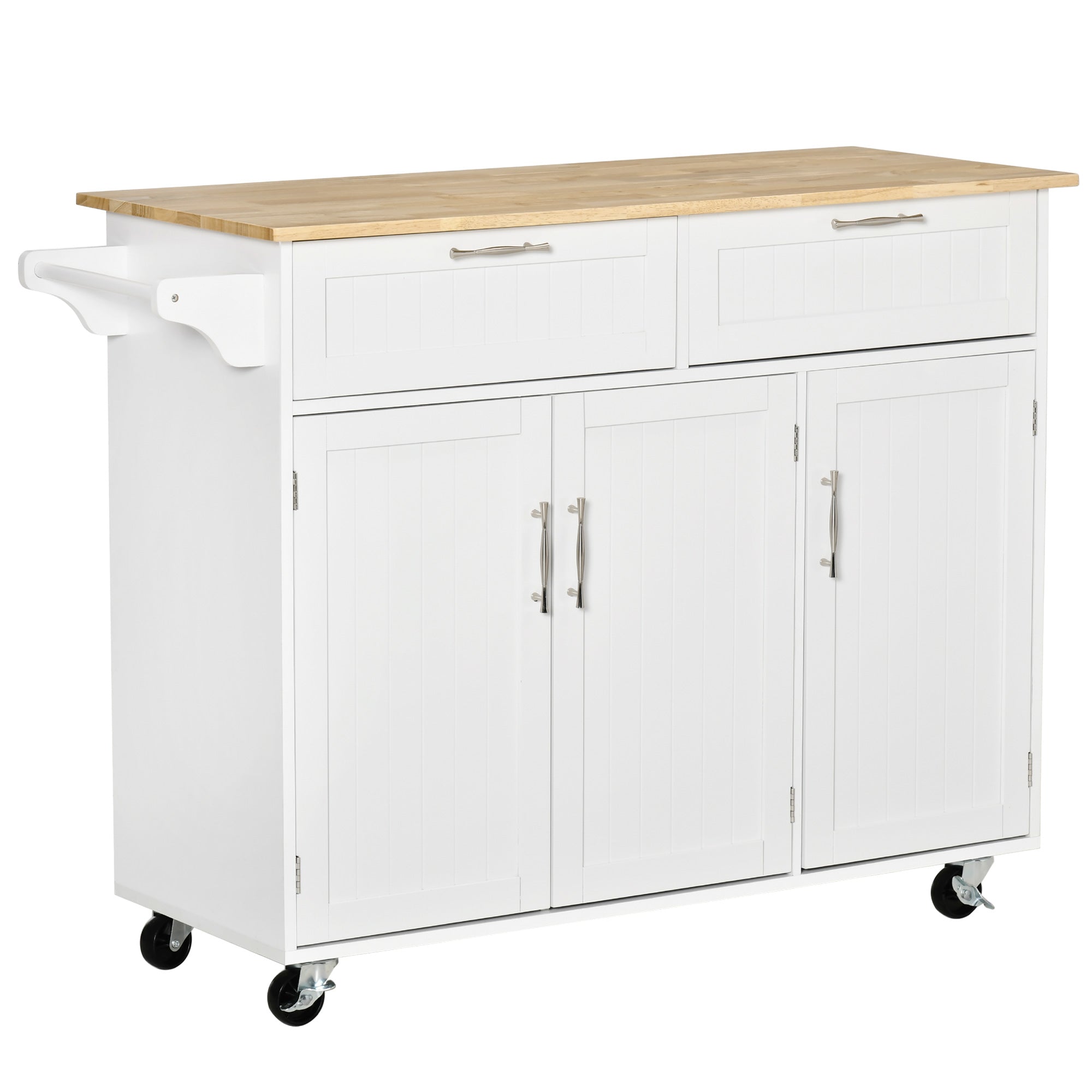 White Mobile Kitchen Island: Wood Top Cart, Drawers & Cabinets