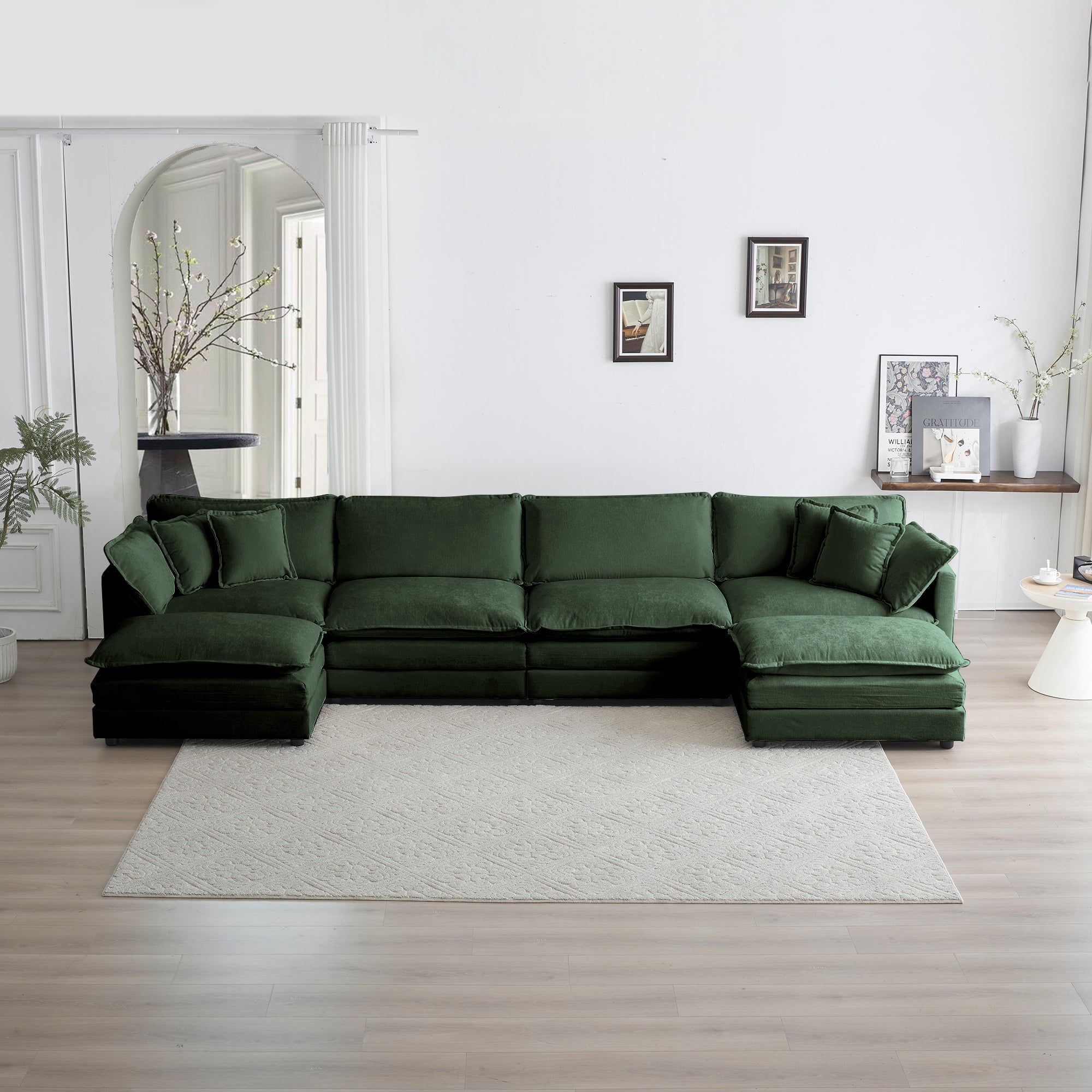 Green Chenille U-Shaped Sectional Sofa with Ottomans