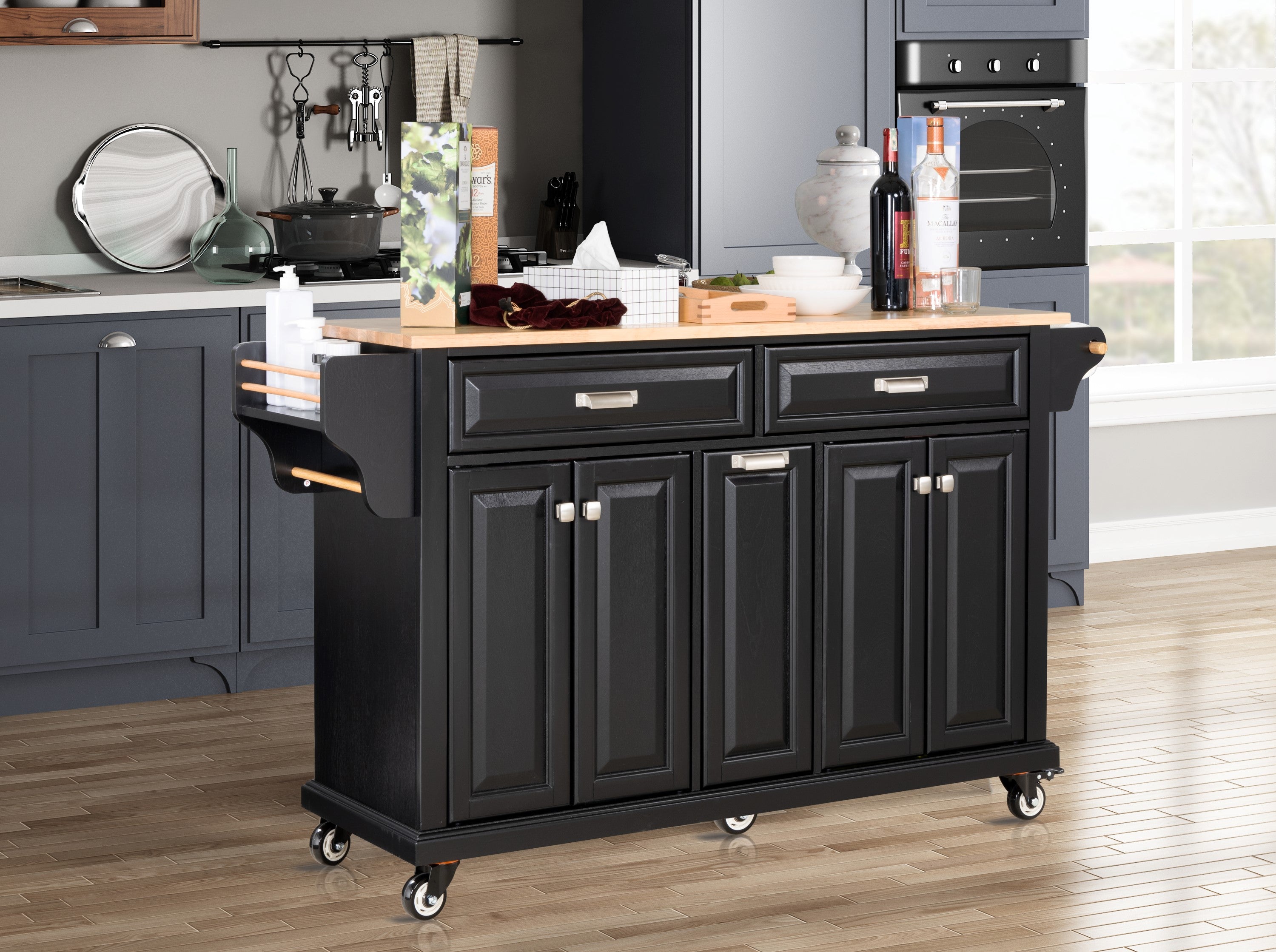 Black Kitchen Island Cart, Rubberwood Top, Wheels, Storage & Drawers