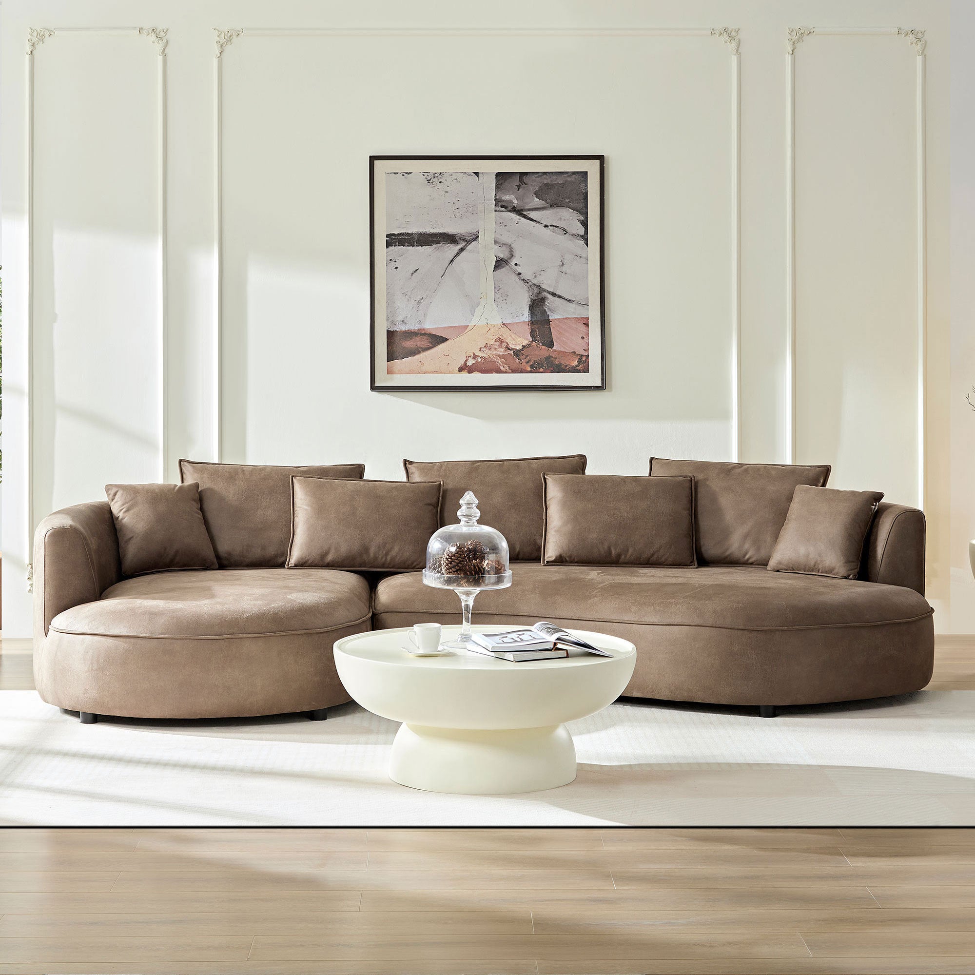 Modern Curved Sectional Sofa, 128" Leathaire Couch, Brown