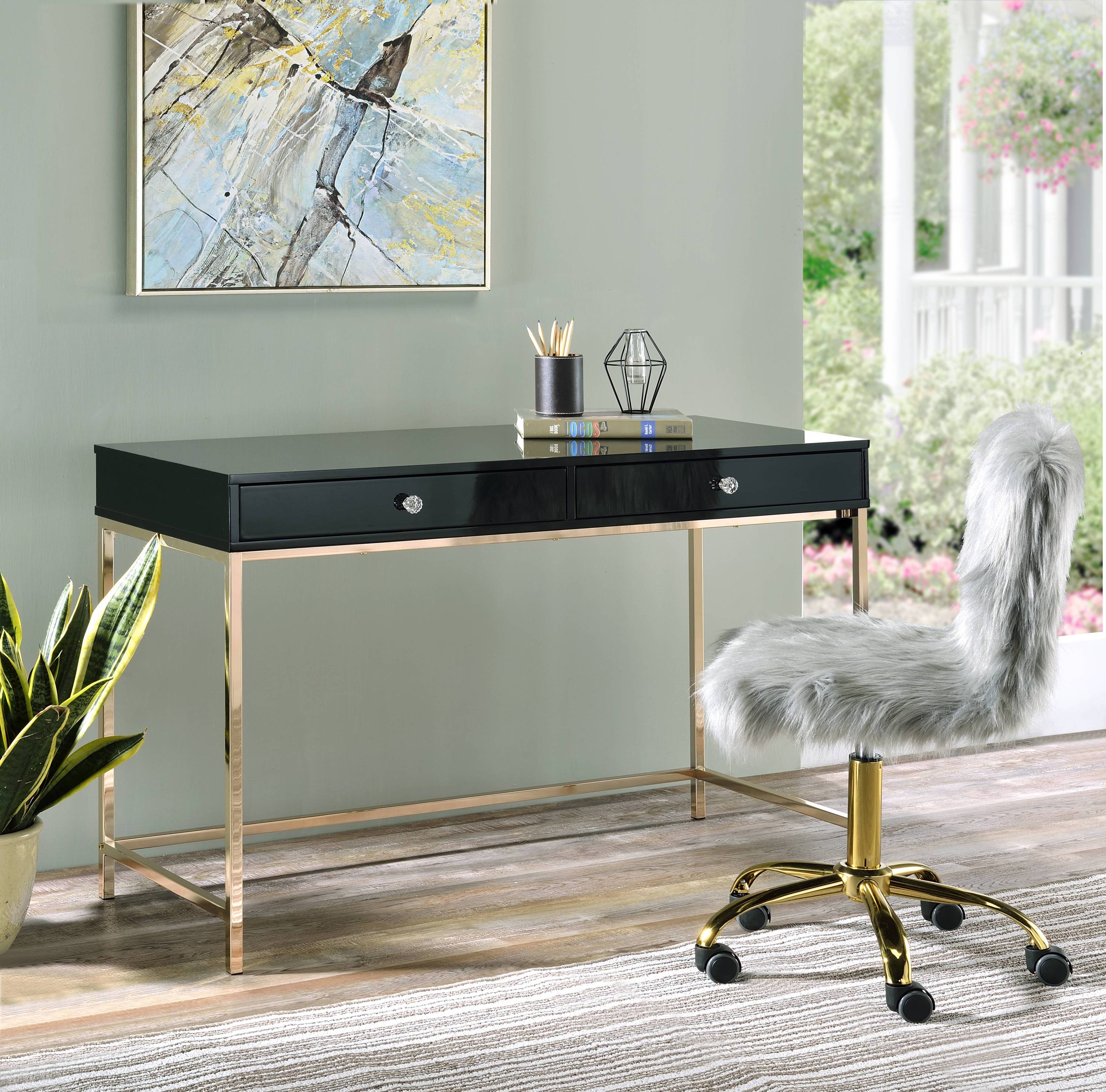 Ottey Black & Gold Writing Desk | High Gloss Finish
