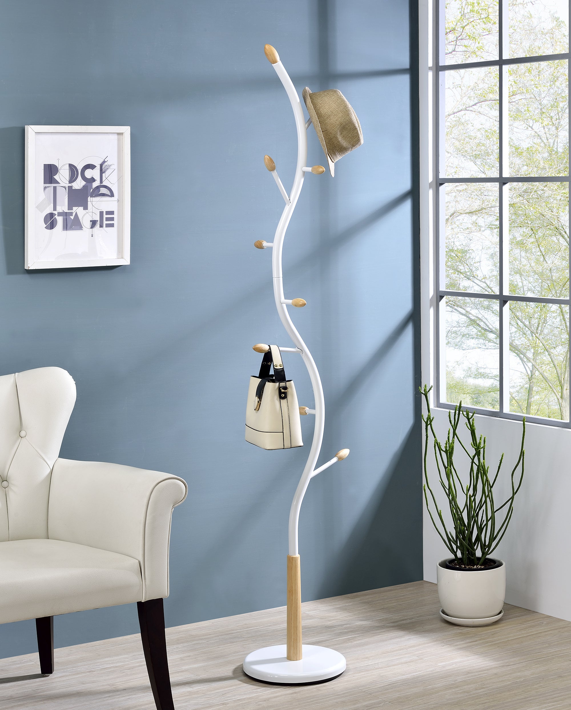 Arles White & Oak Metal Coat Rack | Standing Hall Tree