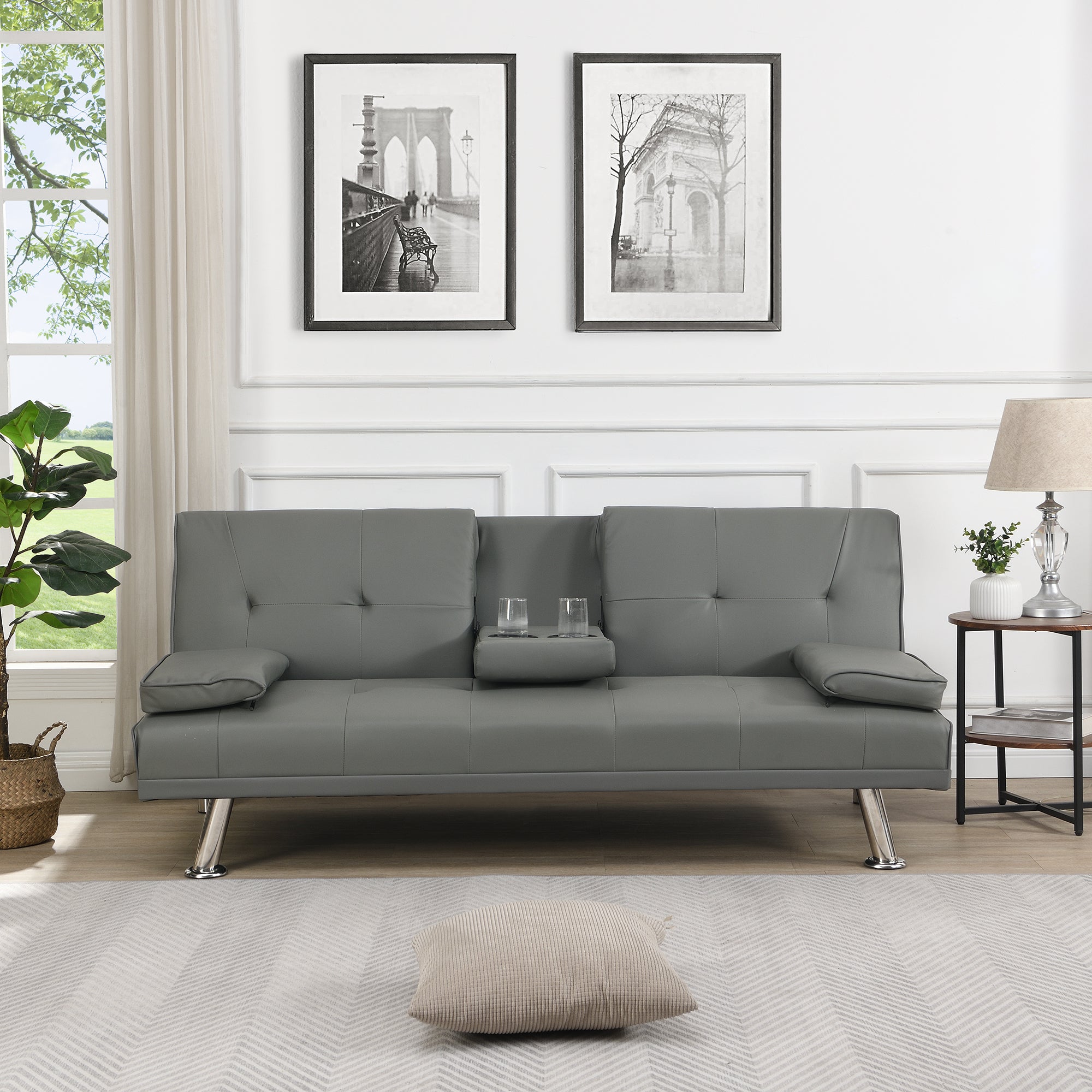 Grey PVC Sofa Bed: Wood Frame, Stainless Legs