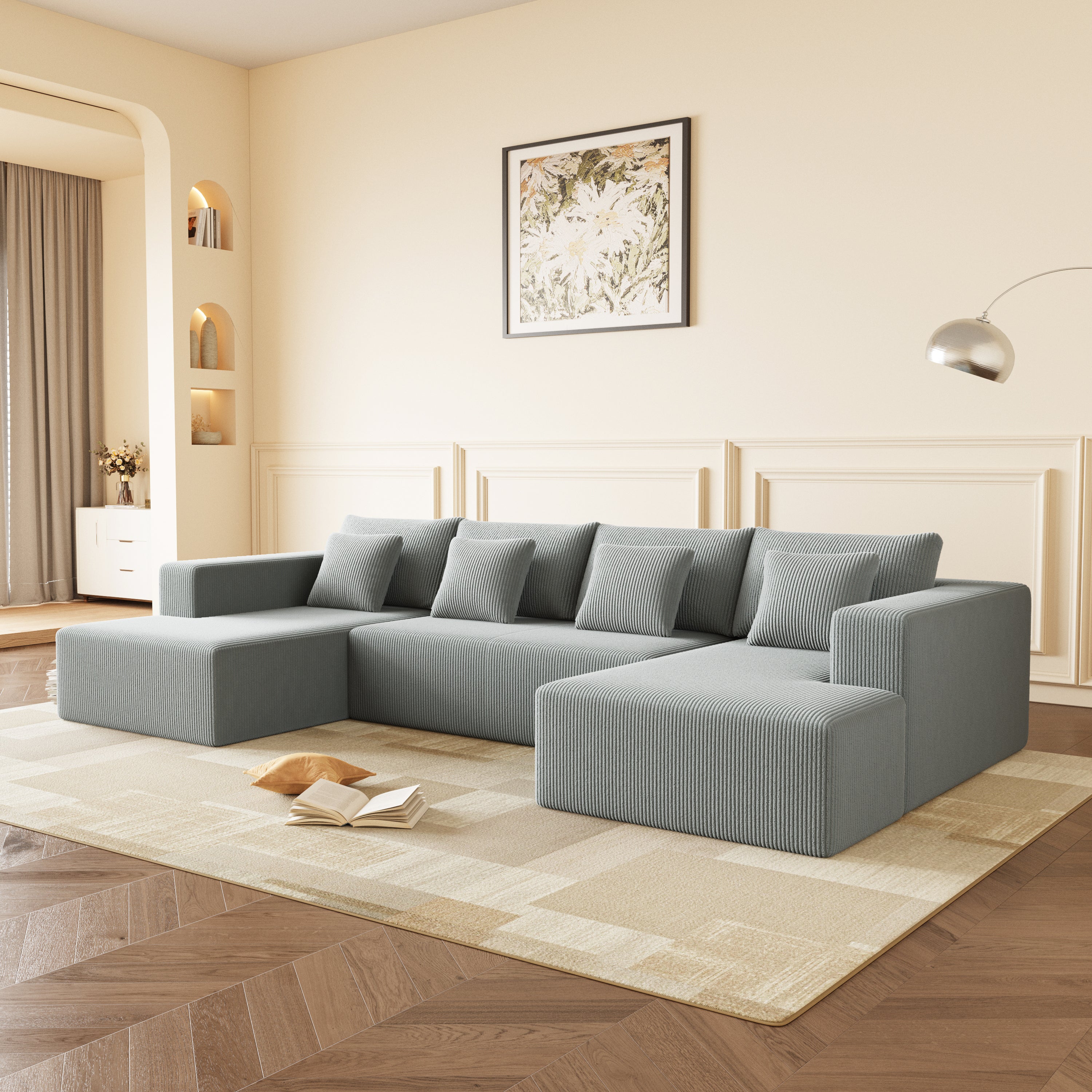 Plush Corduroy U-Shaped Sectional Sofa
