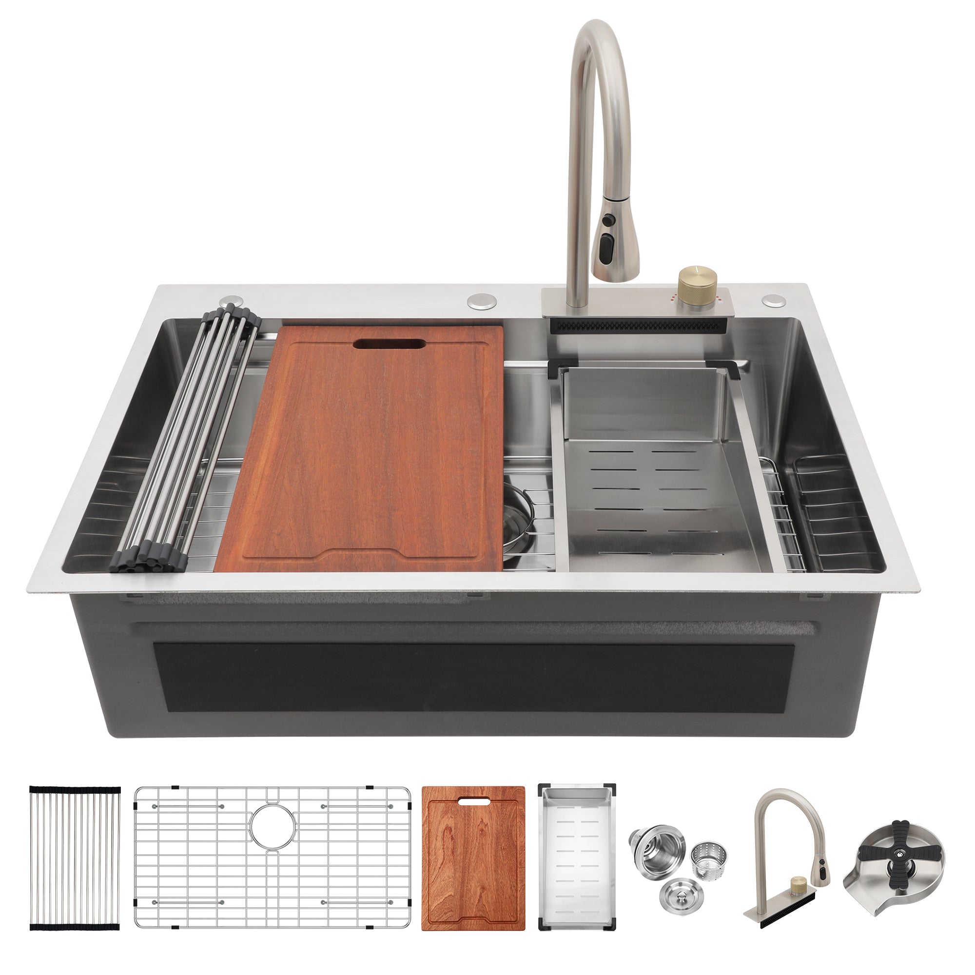 33" Waterfall Kitchen Sink: Stainless Steel Workstation