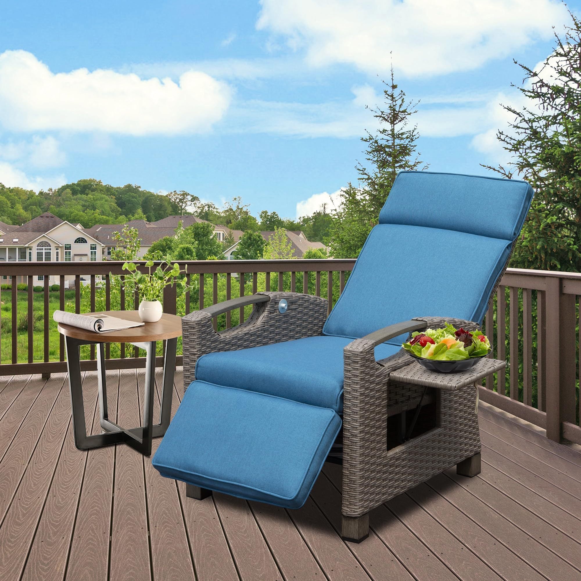 Navy Blue Wicker Patio Recliner with Cushions