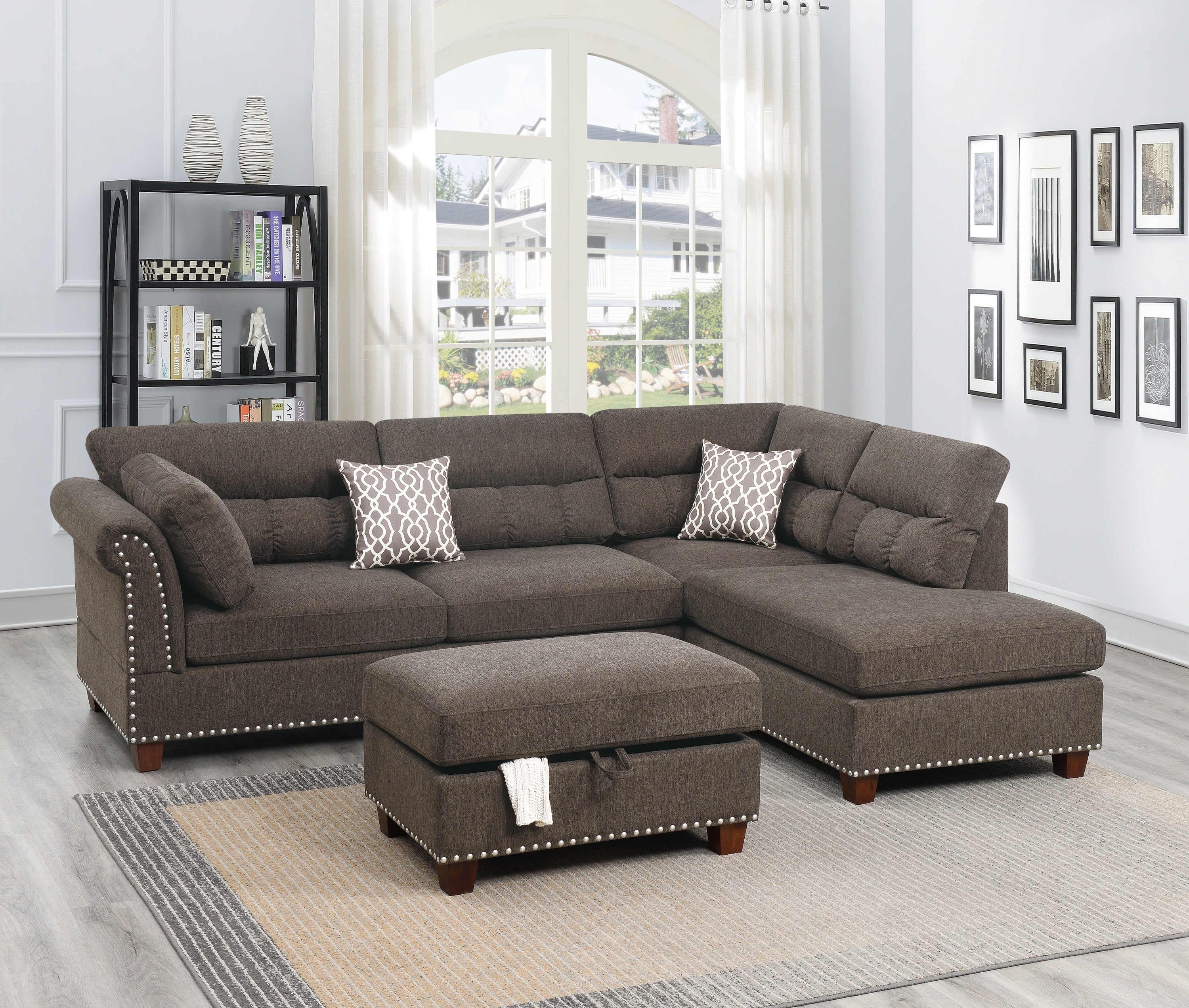 Tan Velvet Sectional Sofa with Ottoman