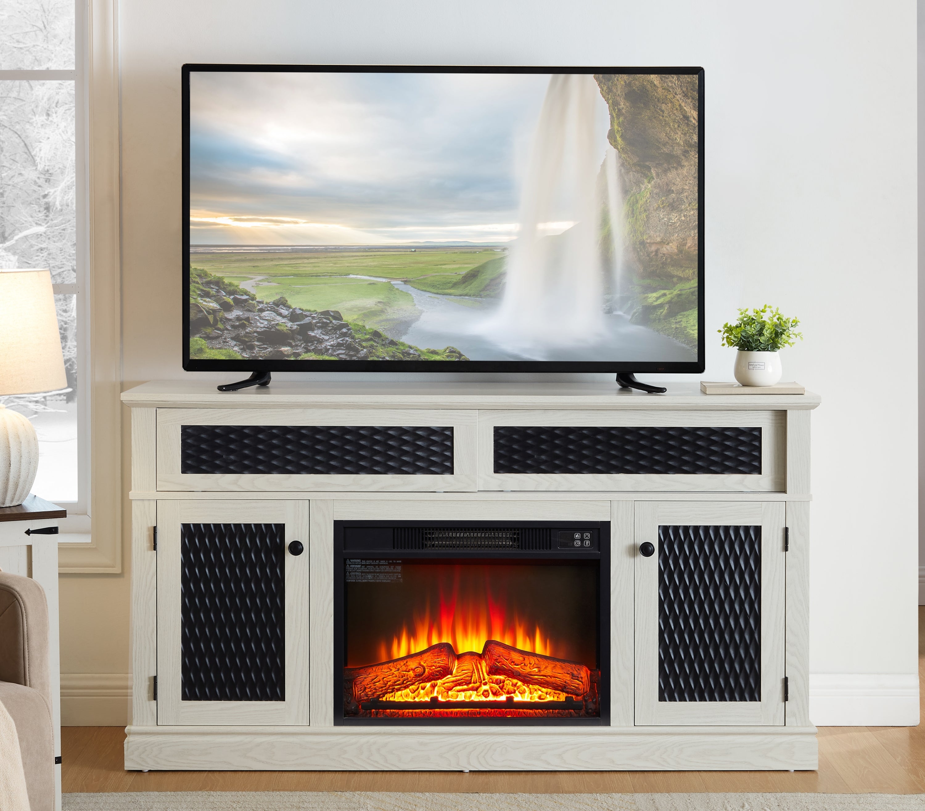58" White TV Stand w/ Fireplace & Storage