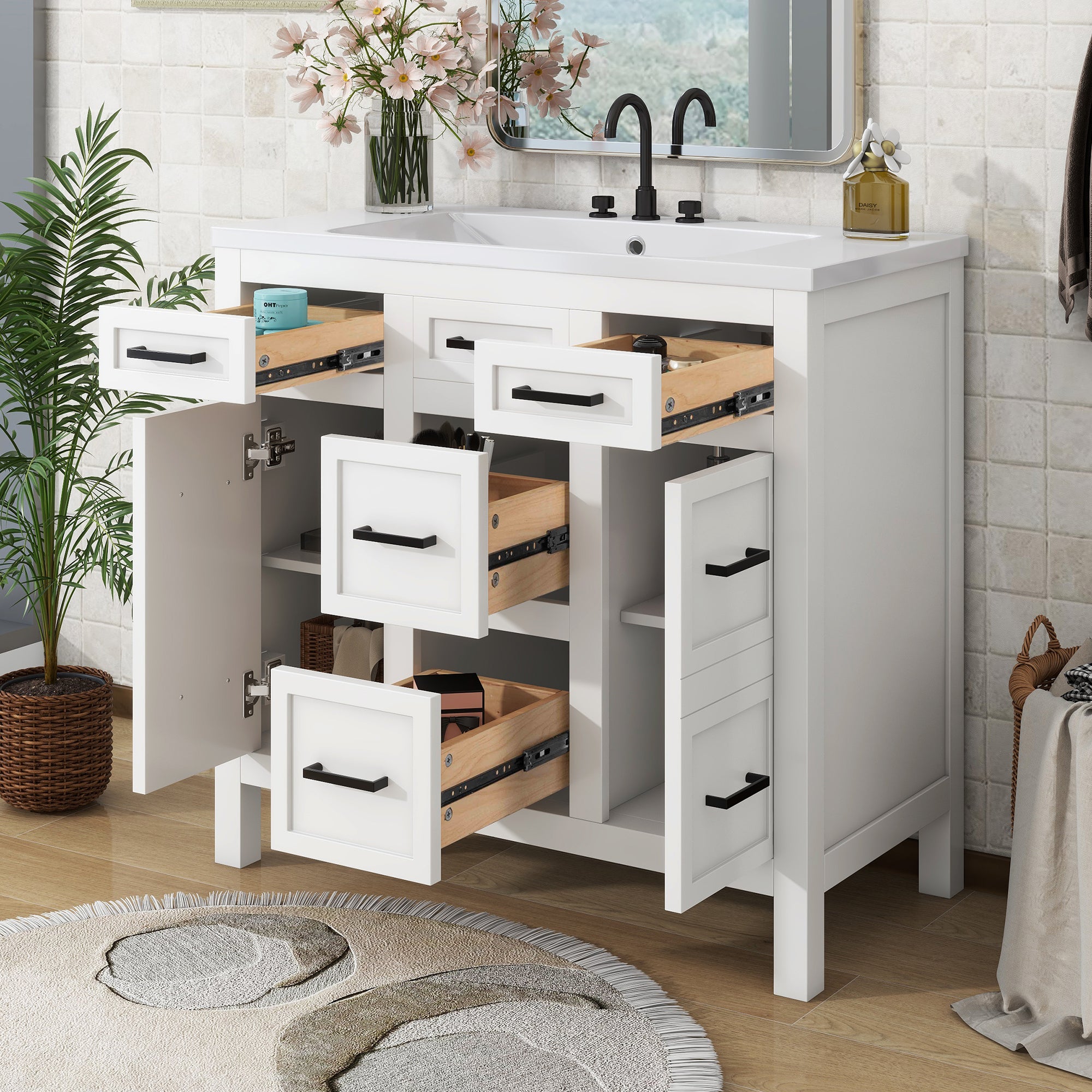36" Vanity: Resin Sink, 4 Drawers, 2 Doors