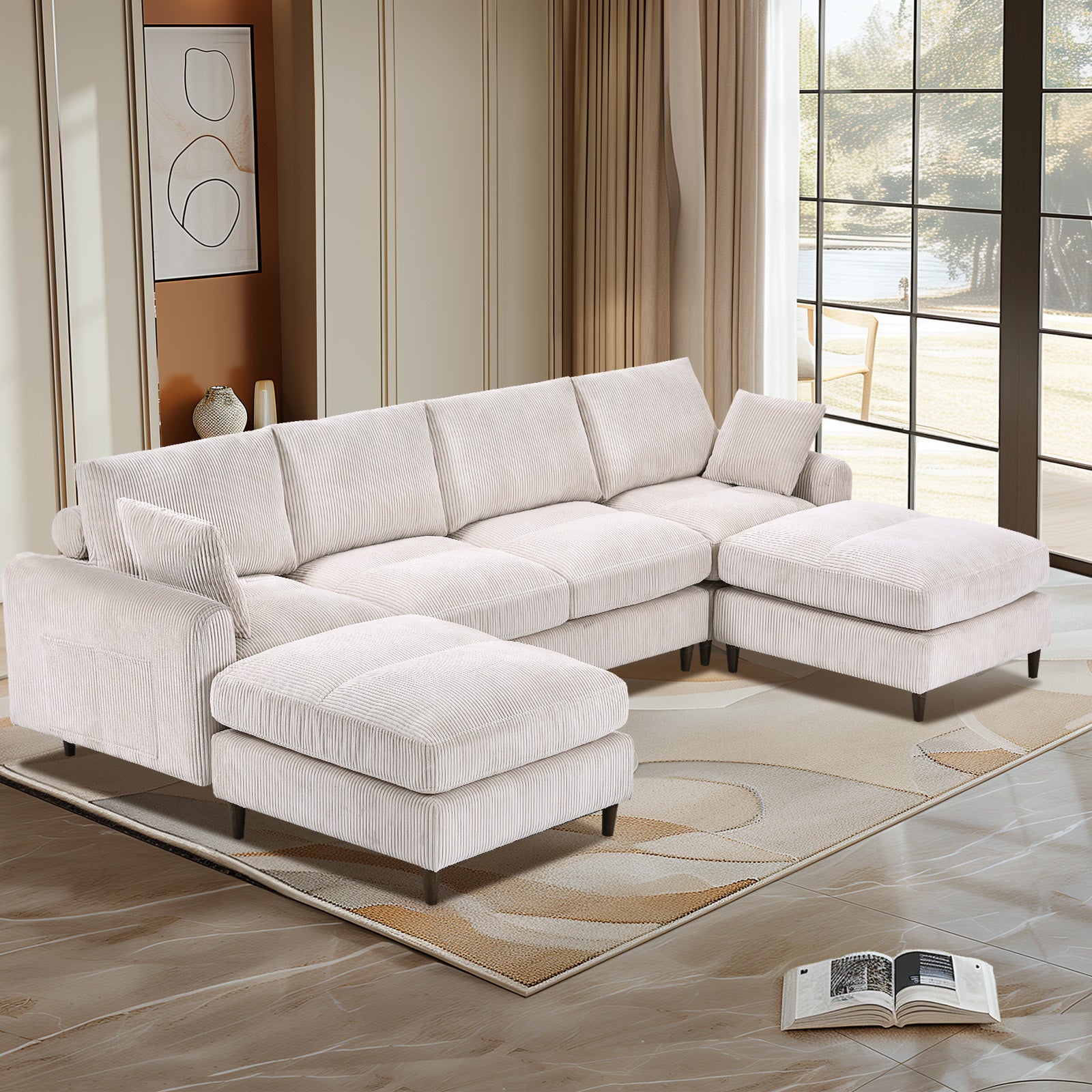 Modern Corduroy Modular Sectional Sofa, White 6-Seat