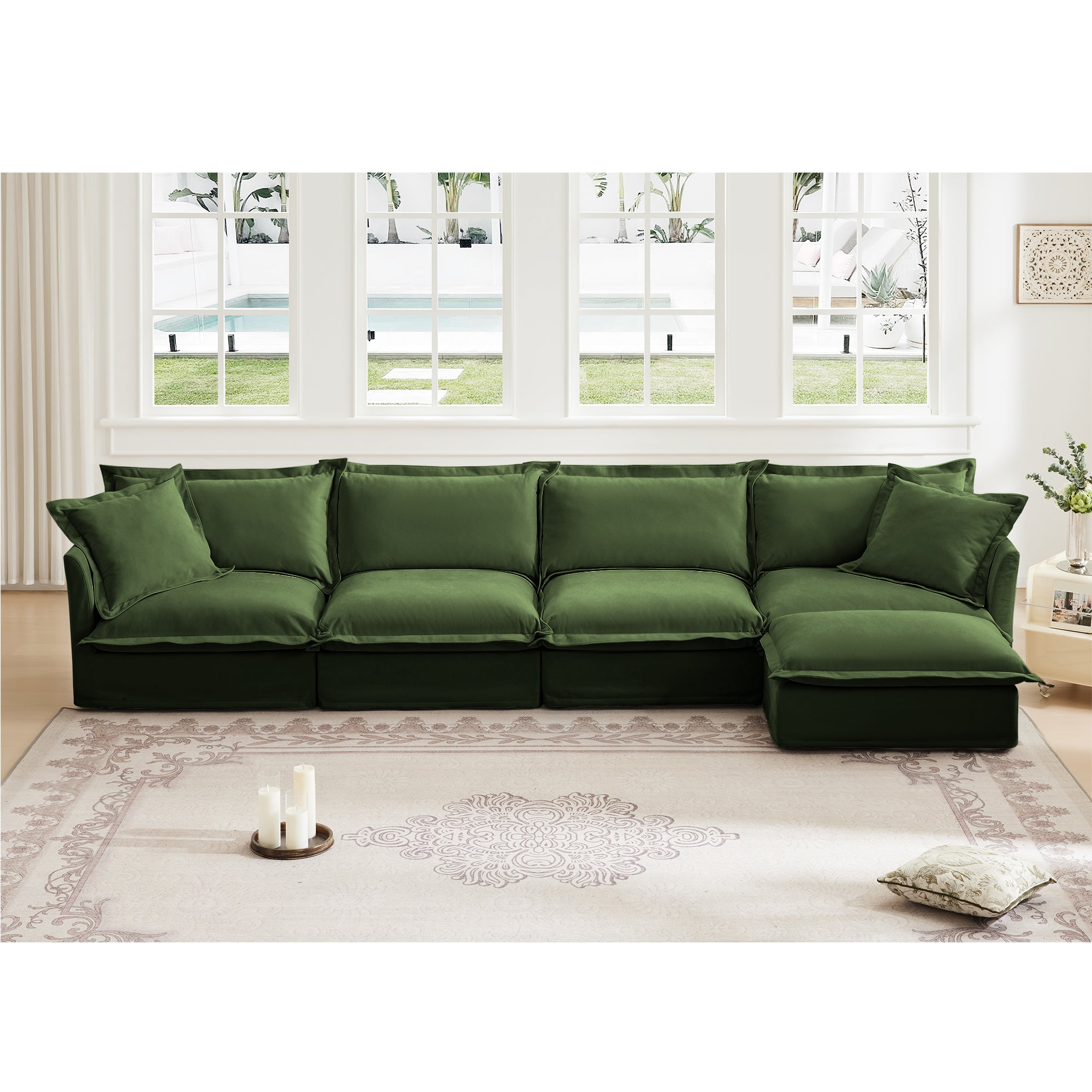 Green Chenille L-Shape Sectional Sofa, 4 Seater