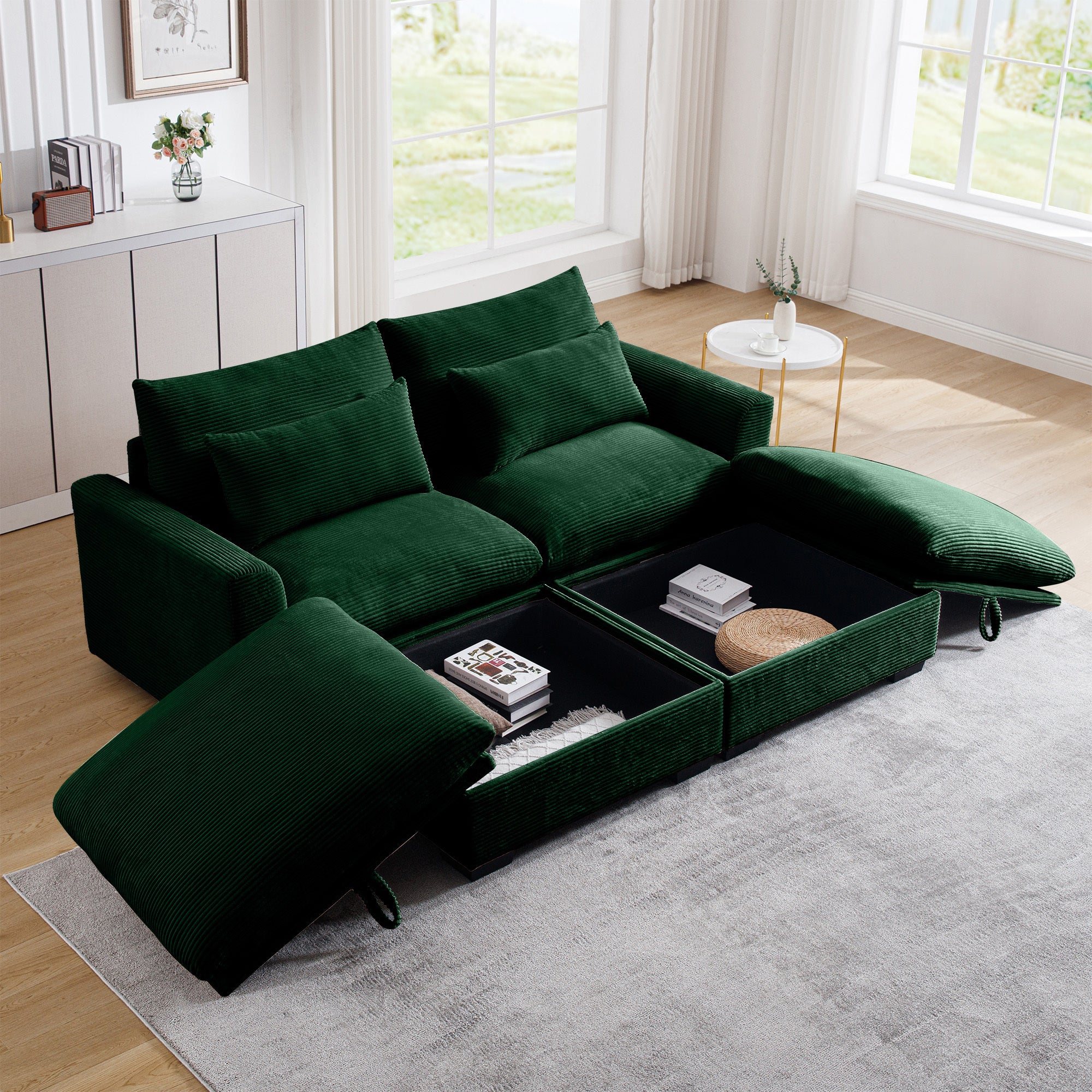 Green Corduroy Sofa with Storage Footrest