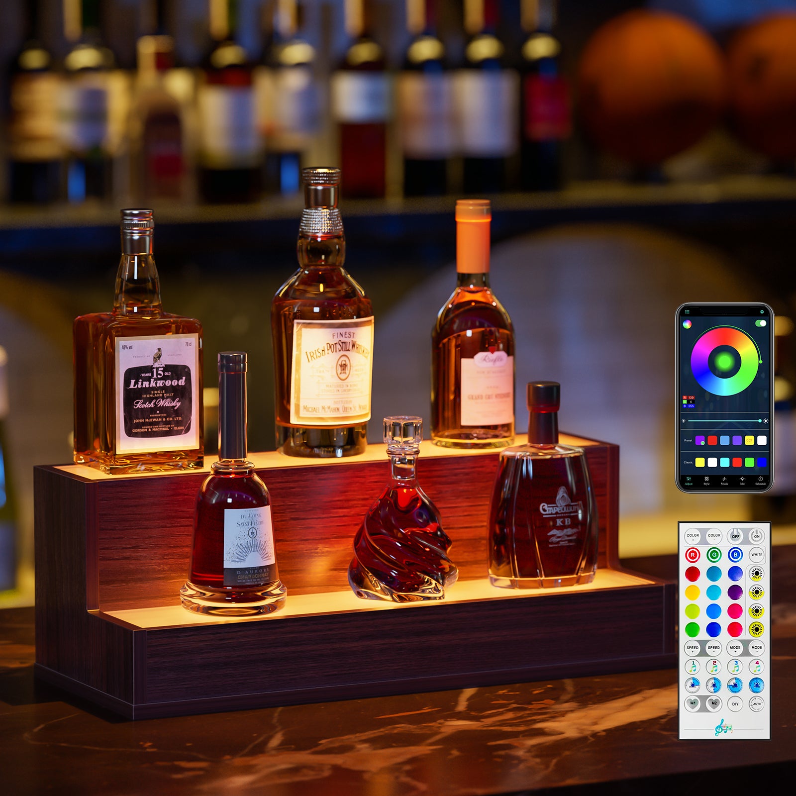 LED Lit Liquor Bottle Shelf: 20" Walnut Display