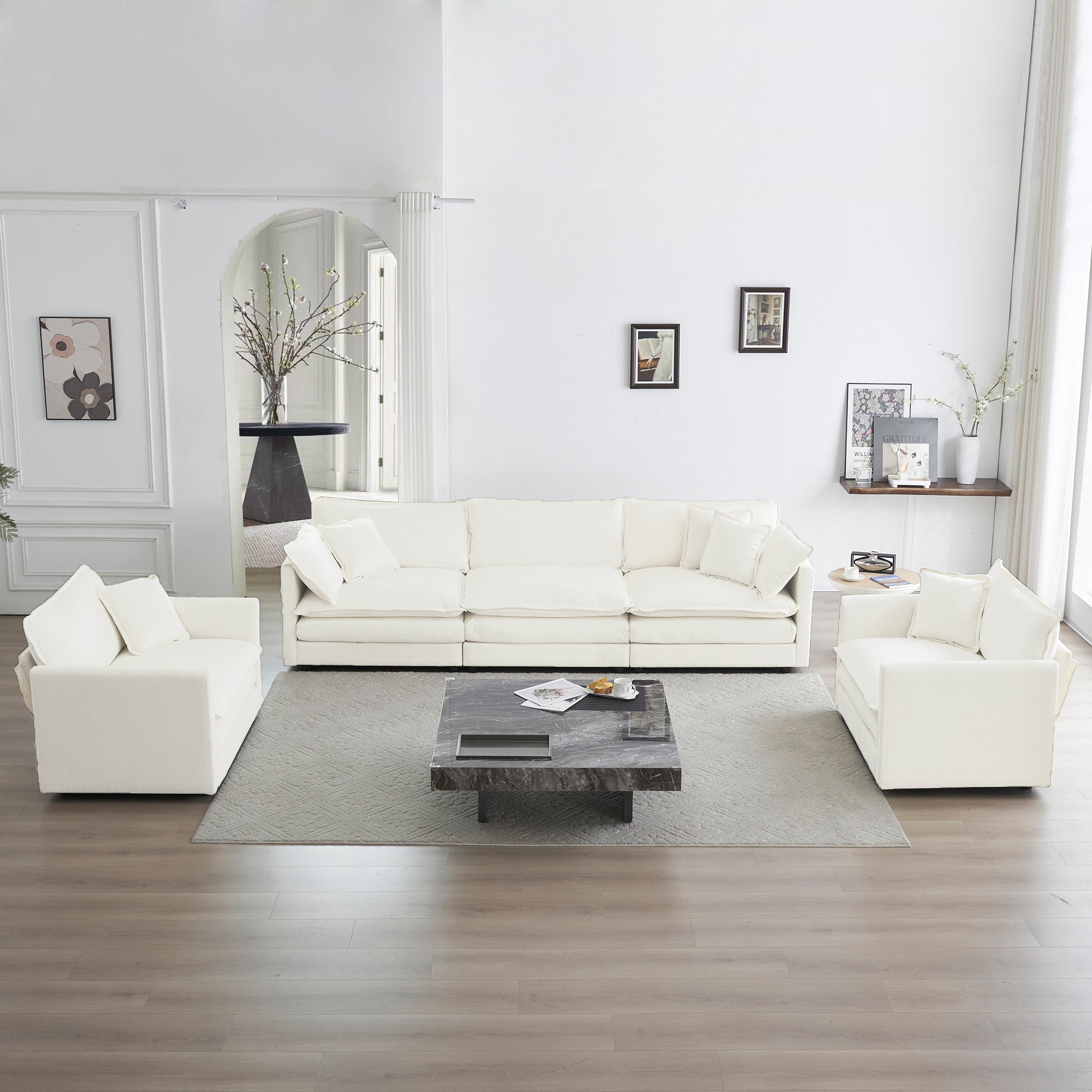 Modern White 3-Piece Sofa Set: 1+1+3 Seats